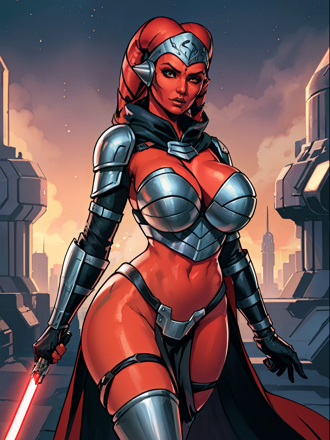 busty, ((red skin), twi'lek), dual red lightsabers, evil space knight, space ninja, (black robes, black stealth armor, breastplate, tunic, tabard, cowl, cloak, body glove, straps, buckles, skirts, long sleeves, fantasy, ((armor))), ((busty), slender body, thin, slim sexy body, slim waist, (((huge breasts)))), Imperial starship, Star Wars,