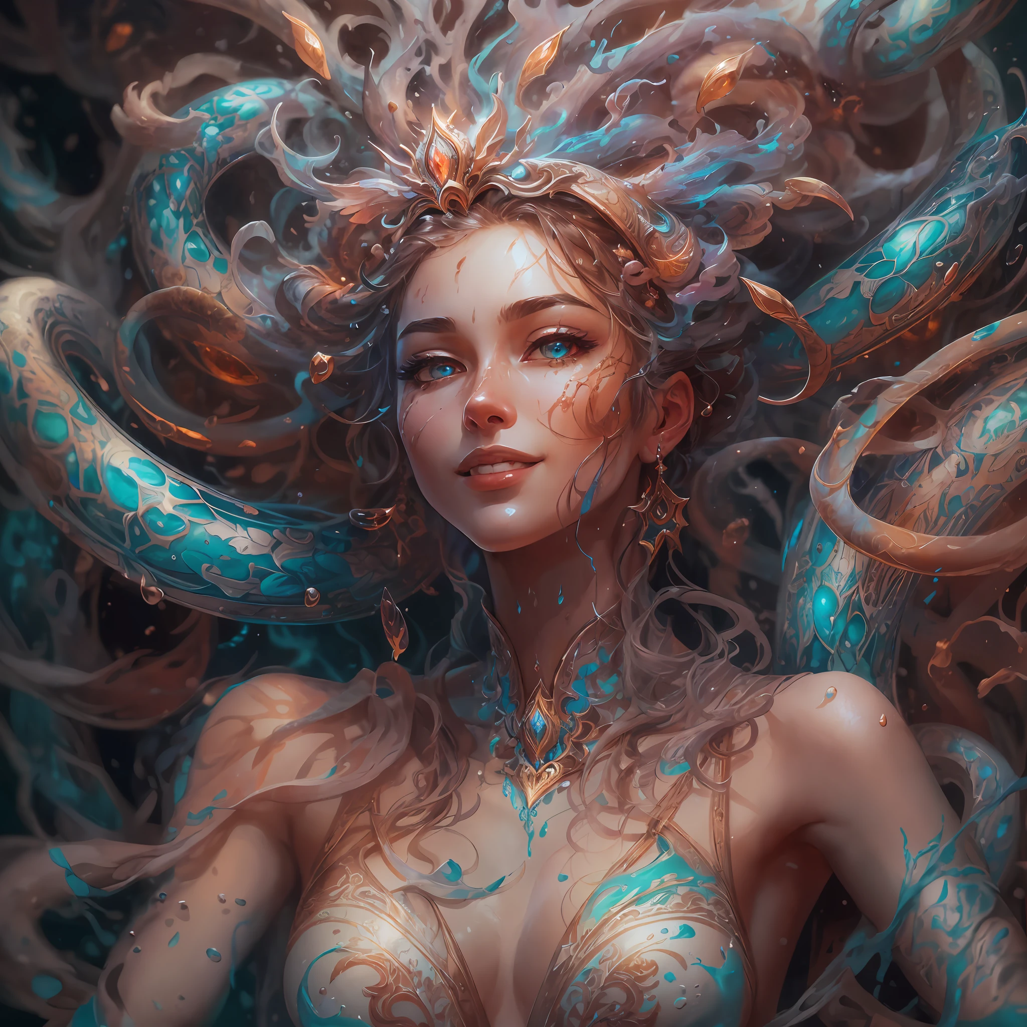 ((Full Body, Woman nice smile))in the style of white spider, Aphrodite , full body portrait blended with terracotta neon snake spider, of a photorealistic beautiful , heavenly beauty, Full body ,nicest poses Astral Escape! Splash art, portrait of Aphrodite, Goddess of love, StarCraft Inspired, epic, artstation, splash style of colorful paint, contour, hyperdetailed intricately detailed, fantasy, unreal engine, fantastical, intricate detail, splash screen, complementary colors, reality concept art, 16k resolution, deviantart masterpiece, oil painting, heavy strokes, paint dripping, splash arts, neon ambiance, muted colors, watercolor style, filigree detailed, rim lighting, magic, surreal, fantasy, ultra, realistic, sharp features, highly detailed, sharp focus, muted colors, perfect face, perfect eyes, perfect full lips, perfect chest parts female form, vivid, Hyper detailed, Hyper realistic, masterpiece, high resolution, vibrant, dynamic studio lighting, wlop, Glenn Brown, Carne Griffiths, black backgroud --auto
