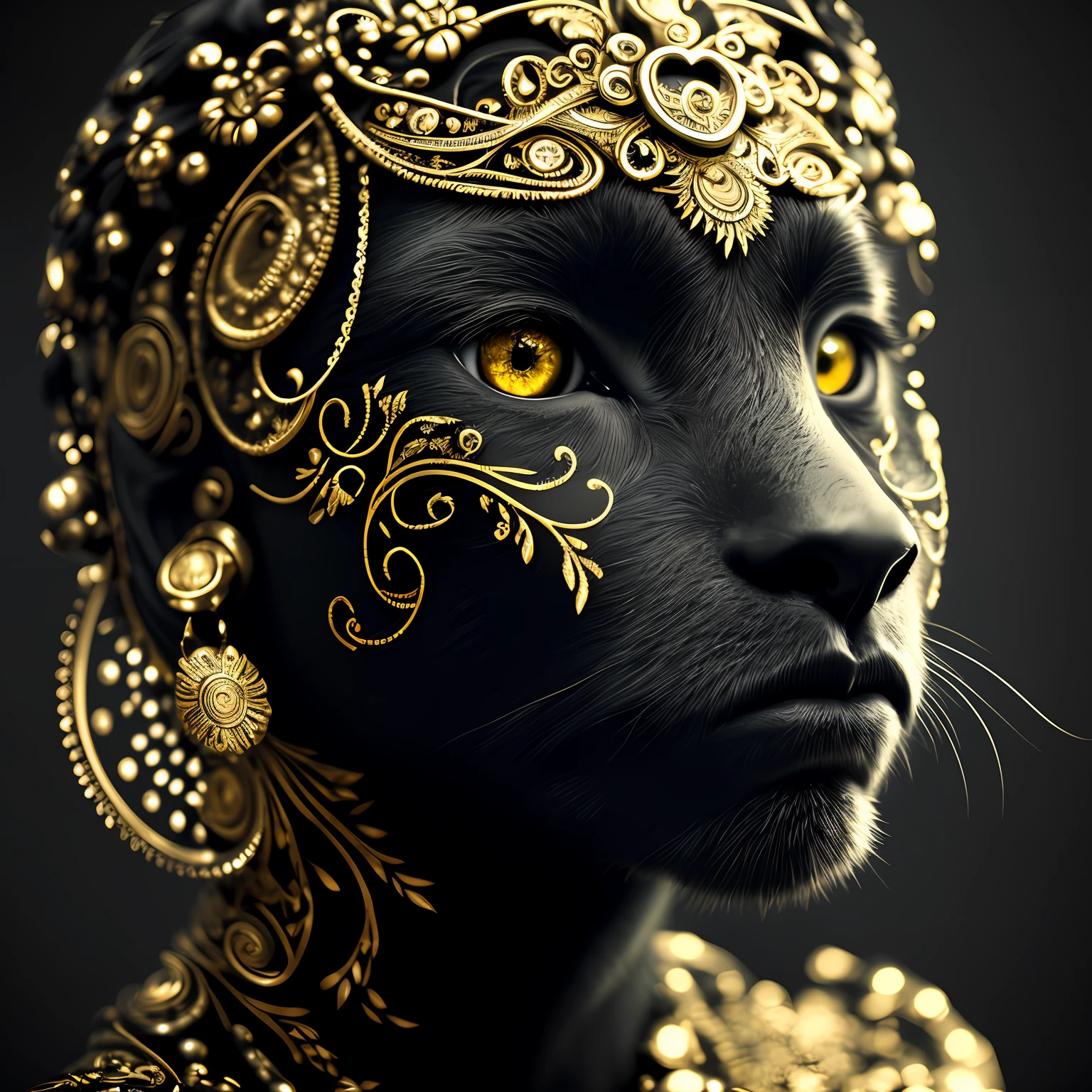 (Masterpiece)An insanely detailed photo of A black beauty with gold eyes, in the style of bio-art, raw metallicity, black and white mastery, gold african influence, pure color, close-up, woman,  stock photo, masterpiece, best quality, high quality, extremely detailed cg unity 8k wallpaper, scenery, award winning photography, hdr, trending on artstation, trending on cgsociety, intricate, high detail, cinematic lighting.