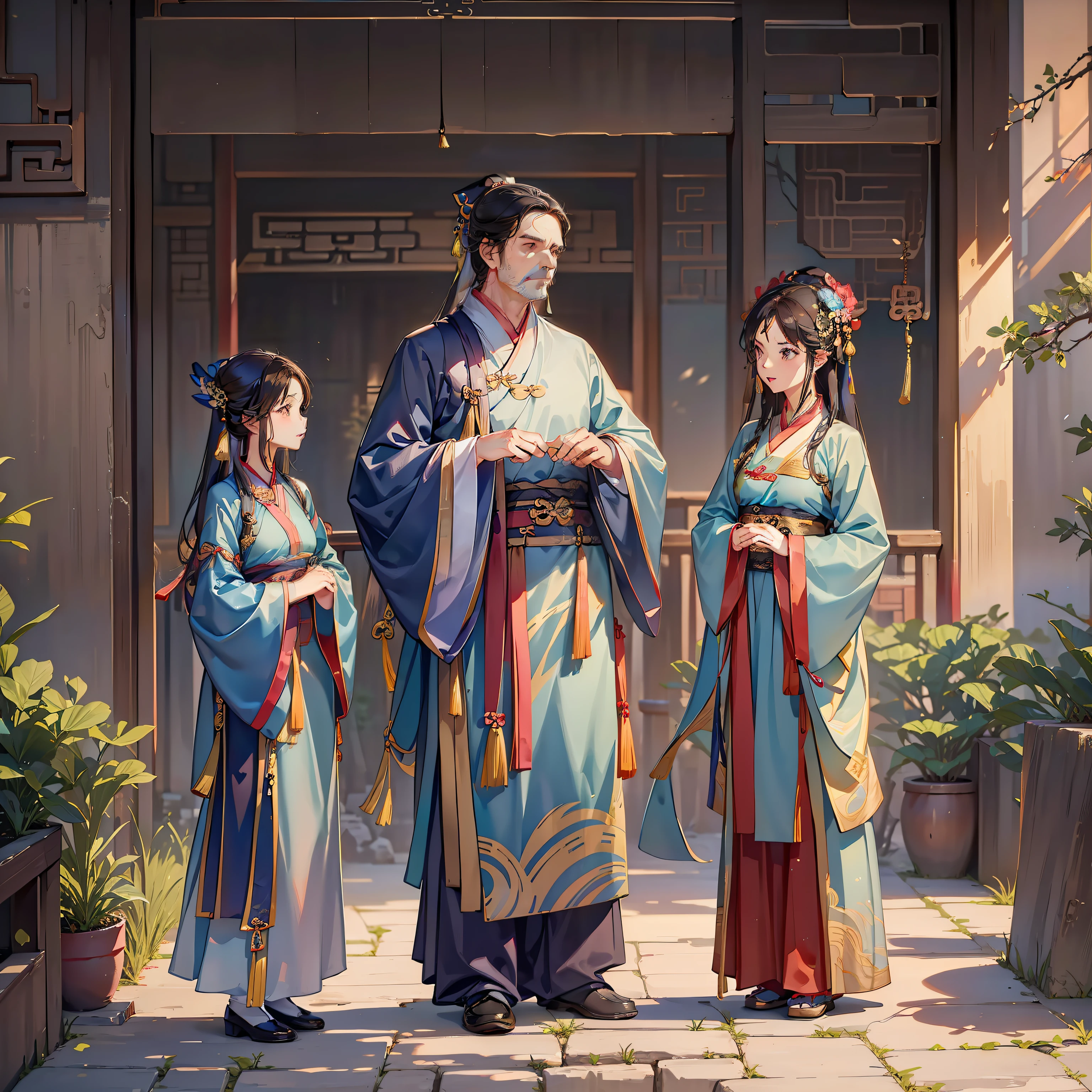 (A lovely young girl stands next to a middle-aged woman and a middle-aged man, wearing Hanfu)
(In an ancient courtyard)
(Chinese)