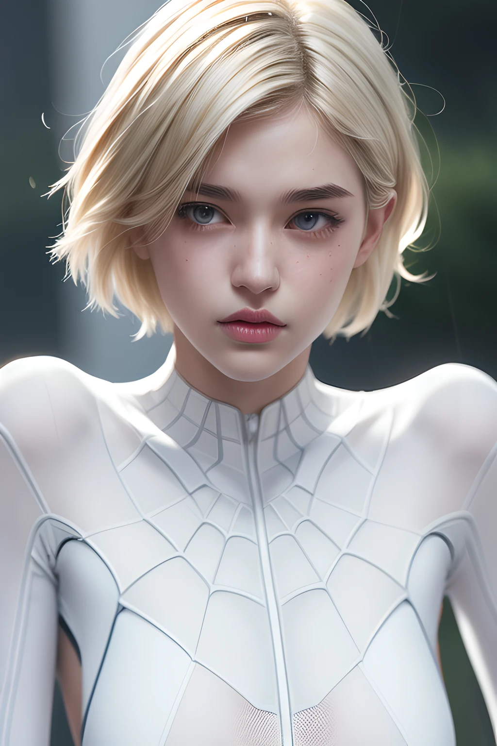 18 yo girl, white spider man suit, short blunt hair, blonde, beautiful face, rain, roof, masterpiece, intricate detail, perfect anatomy