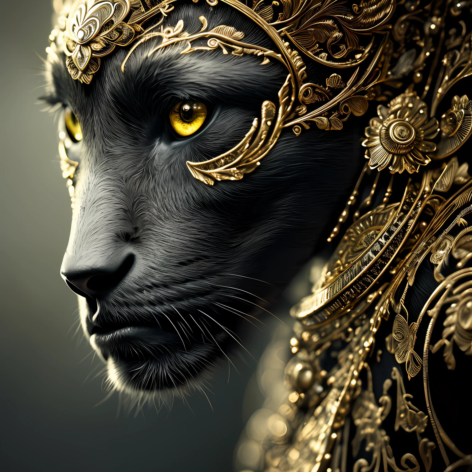 (Masterpiece)An insanely detailed photo of A black beauty with gold eyes, in the style of bio-art, raw metallicity, black and white mastery, gold african influence, pure color, close-up, woman, stock photo, masterpiece, best quality, high quality, extremely detailed cg unity 8k wallpaper, scenery, award winning photography, hdr, trending on artstation, trending on cgsociety, intricate, high detail, cinematic lighting.