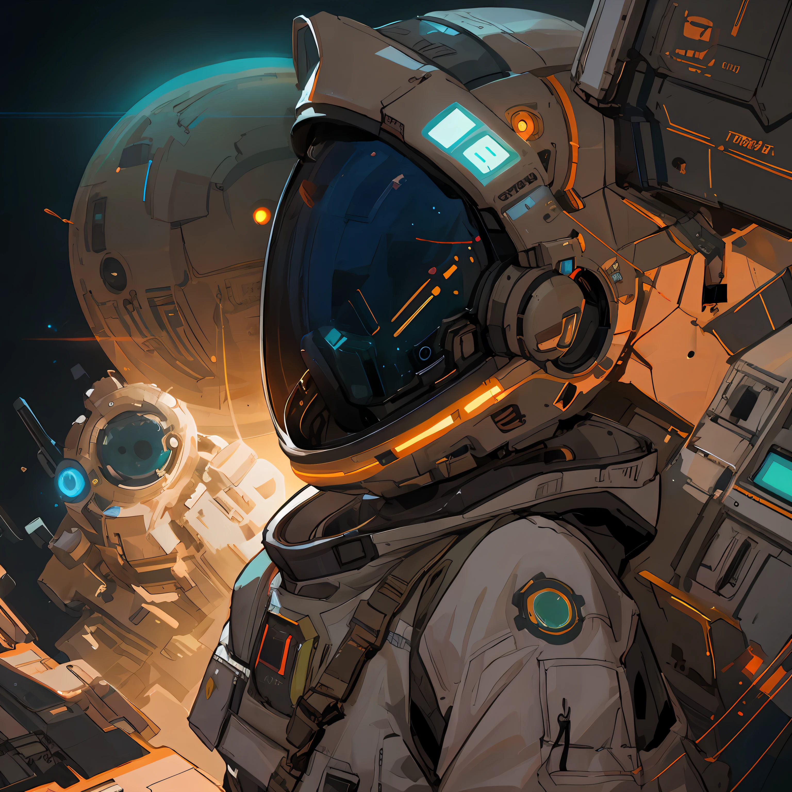 There was a man in a spacesuit with a gun, sci-fi illustrations, anime illustration, detailed sci-fi art, Science-fi digital art illustration, inspired by Craig Mullins, High quality digital concept art, 4k highly detailed digital art, scifi illustration, anime illustrated, sparth style, android jones and atey ghailan，A work of art with a sense of light，number art，Very designed，Highlight the topic，Background bokeh