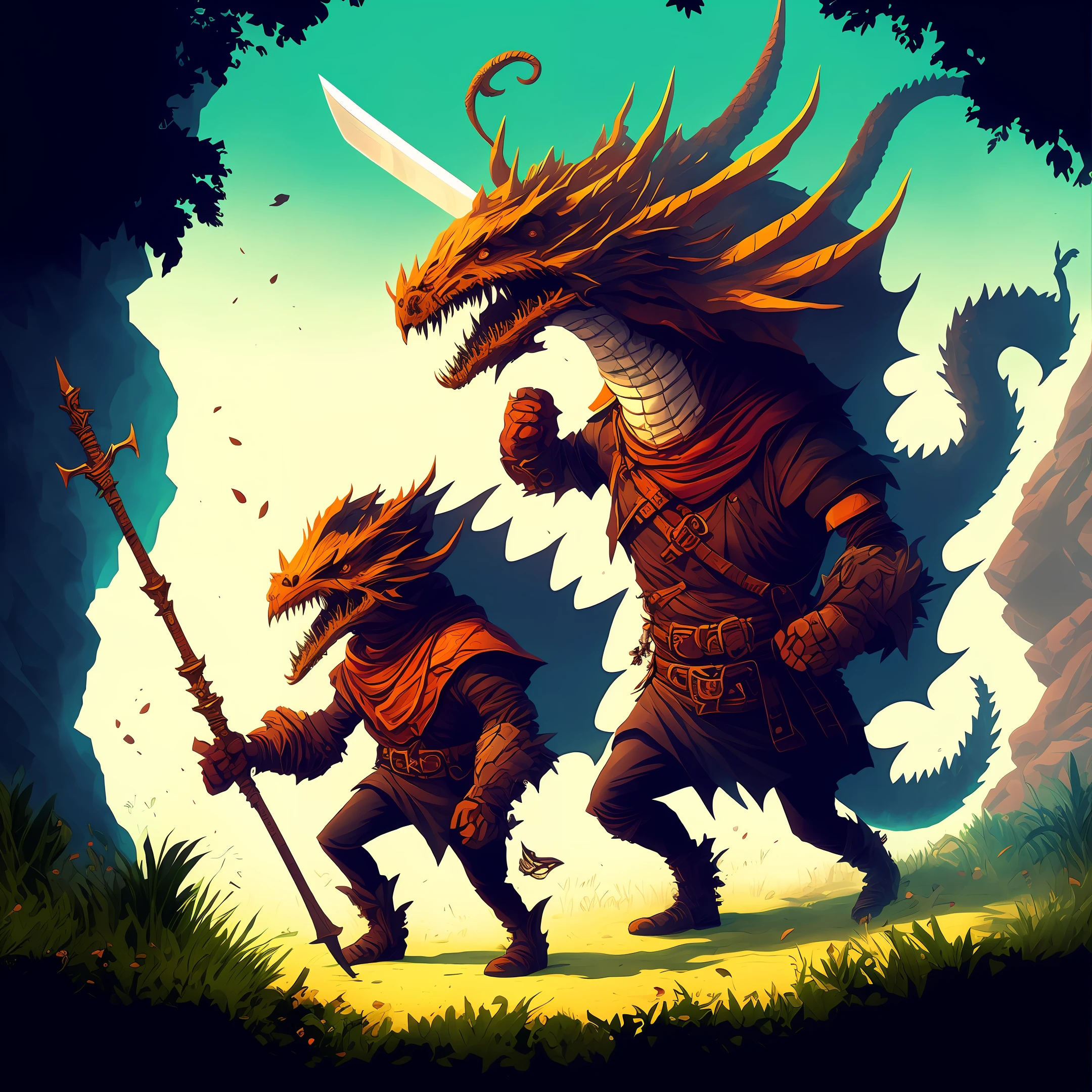 Personagem do jogo cult of lumb, floresta, isometric, Fighting a dragon, wielding a magical sword, arte do jogo cult of lumb.