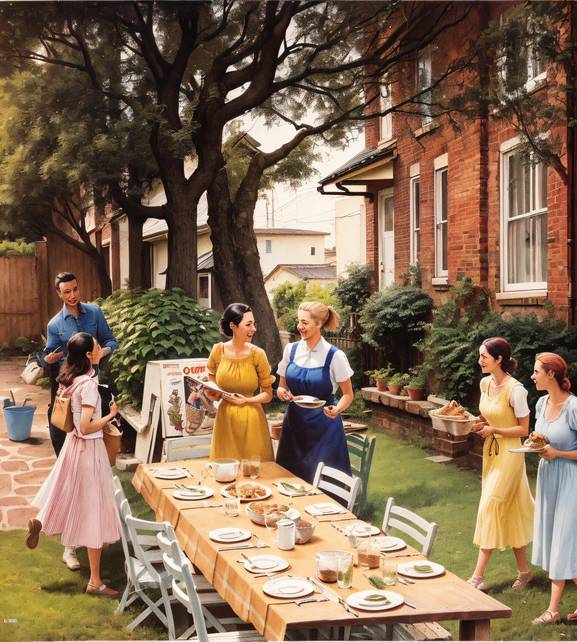 high quality comic of a woman outside a house for a meal by artist johns loane