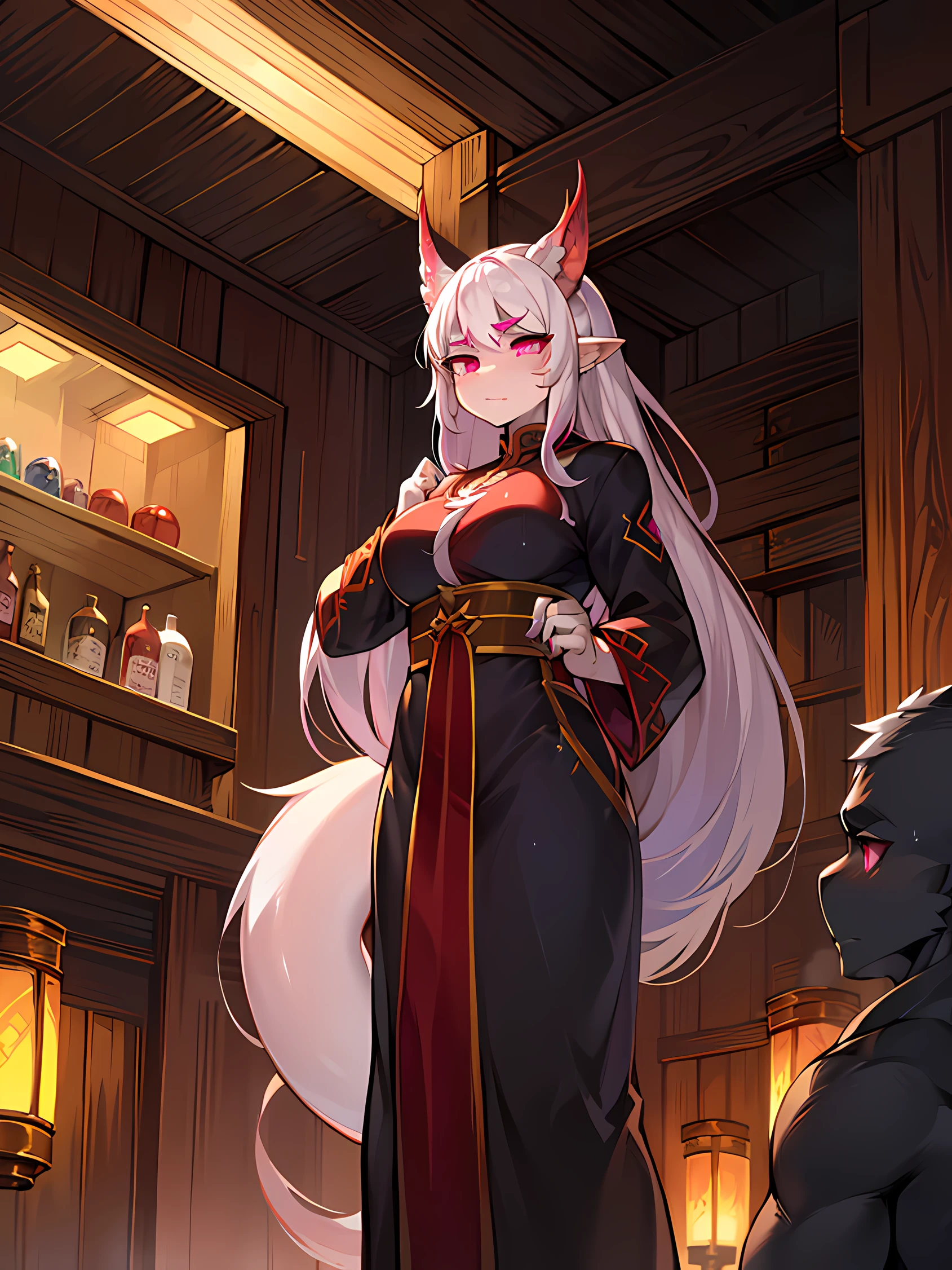 (Character focus:Dragons,Women of the dragon clan,Clear eyes,Defined palms),(female focus:Systemic phosphorus nails,Long tail from thick to thin,Small,One guy,White phosphorus tablets,Pink eyes,white color hair,White eyebrows,Dragon orcs,Orc symbaroum,Hanfu:weights:1.4),(in a panoramic view:external、nigth、rainy days、are standing:weights:1.1)