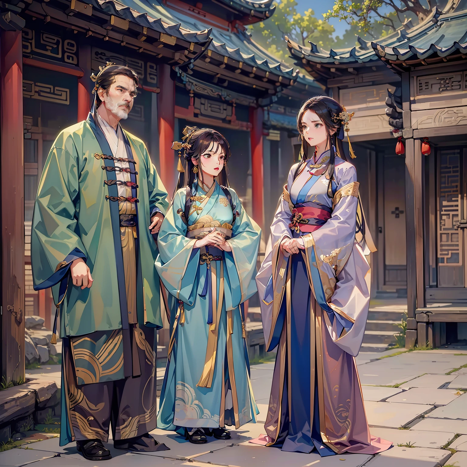 (A lovely young girl stands next to a middle-aged woman and a middle-aged man, wearing Hanfu)
(In an ancient courtyard)
(Chinese)