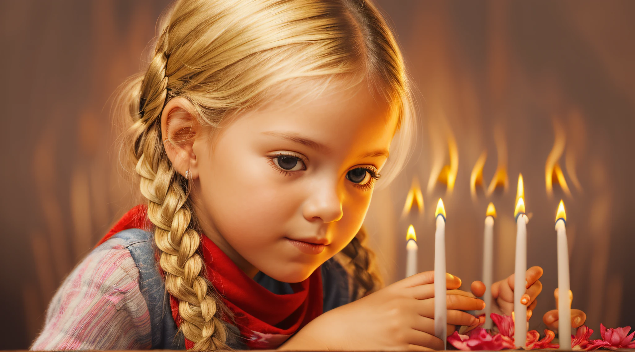 GIRL BLONDE CHILD IN BRAID, MUITAS VELAS ACESSAS , fundo vermelho.