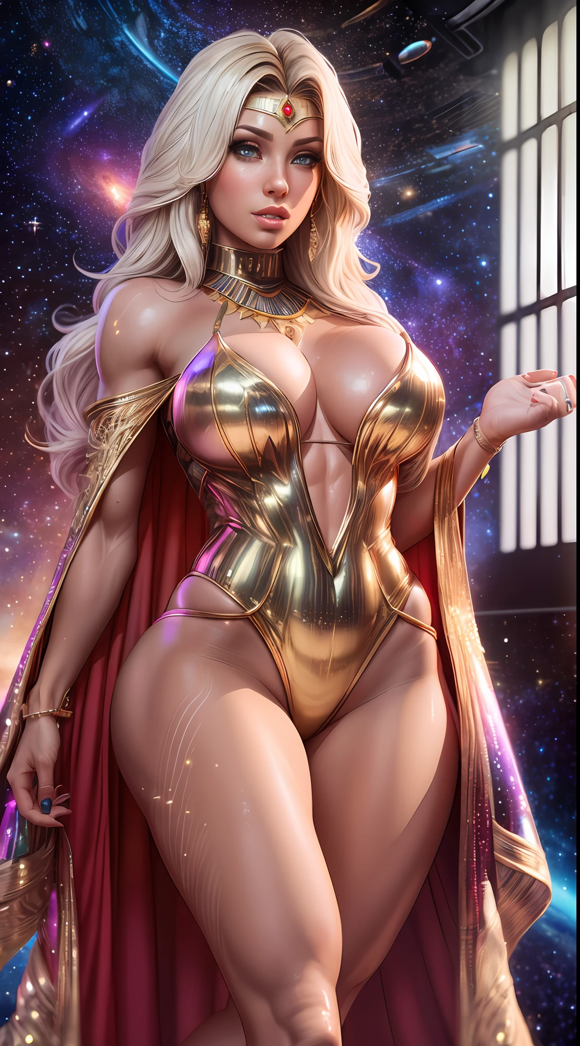 (Hyper Realistic, best quality),16k,(realistic, photo-realistic:1.4), Masterpiece,ultra high res, Stunning, ((35 years old Brazilian Woman:1.4), (Suntan-Skin:1.4), (Athletic_Muscle_Body_ABS:1.4), (sweaty body:1.3), (fleshy luscious lips:1.4), (In Hitec Palace on Space Galaxy:1.4), ((Imposing Pose with with her hands on Waist and open legs:1.4), (Camera View from below:1.5))), ((Gorgeous Very Long Curly Hair:1.4), (Blonde Hair:1.4), (Egyptian Make Up)), (Sexy Egyptian Jewels Cut Dress and Cloak with Intricate Isometric Fluid Galaxy Bioluminescen Effects:1.4), (high detailed skin:1.4), (Cleft_Chin:1.4), (Perfect Face:1.3), (beautiful detailed eyes:1.3), naughty face, looking at viewer, full-body,natural lighting, (Film grain, Fujifilm XT3, 8k uhd, dslr, Lens), hollywood lips, wide jaw line, wide lips, narrow beautiful nose, (Huge-Breasts:1.4) (maximalist photo 16k resolution, intricately detailed, complex, elegant, expansive, fantastica), Cinematic, Hyper-detailed, insane details, Beautifully color graded, Unreal Engine, DOF, Super-Resolution, Megapixel, Cinematic Lightning, Anti-Aliasing, FKAA, TXAA, RTX, SSAO, Post Processing, Post Production, Tone Mapping, CGI, VFX, SFX, Insanely detailed and intricate, Hyper maximalist, Hyper realistic, Volumetric, ultra photoreal, ultra-detailed, intricate details, Super detailed, Full color, Volumetric lightning, HDR, Realistic, Unreal Engine, 16K, Sharp focus, octane render