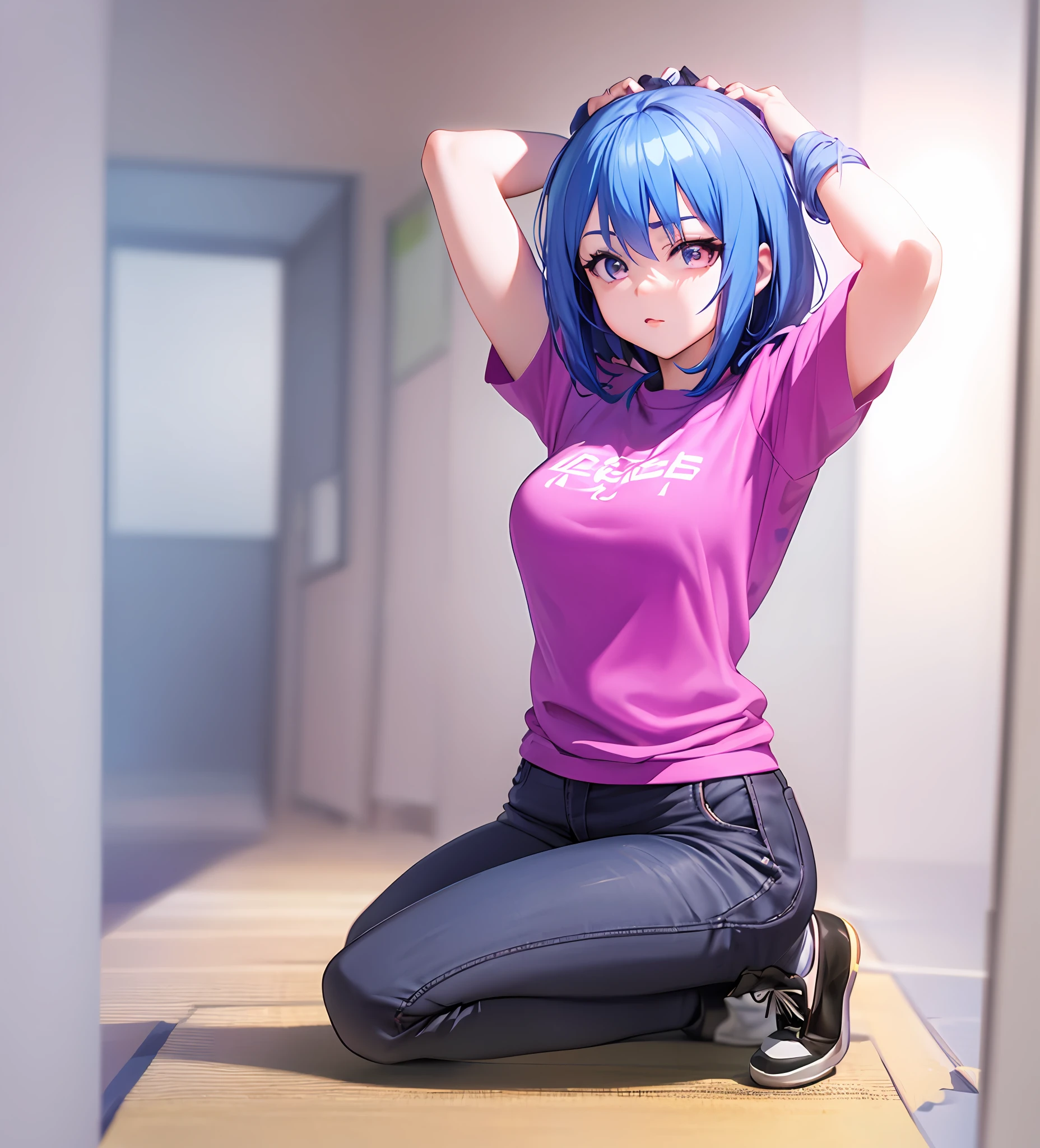 anime girl sitting on a mat with her hands on her head, thicc, beautiful anime girl squatting, realistic anime 3 d style, most strongest pose, smooth anime cg art, anime styled 3d, anime pose, anime moe artstyle, casual pose, anime style. 8k, relaxed pose, anime style 4 k, the anime girl is crouching