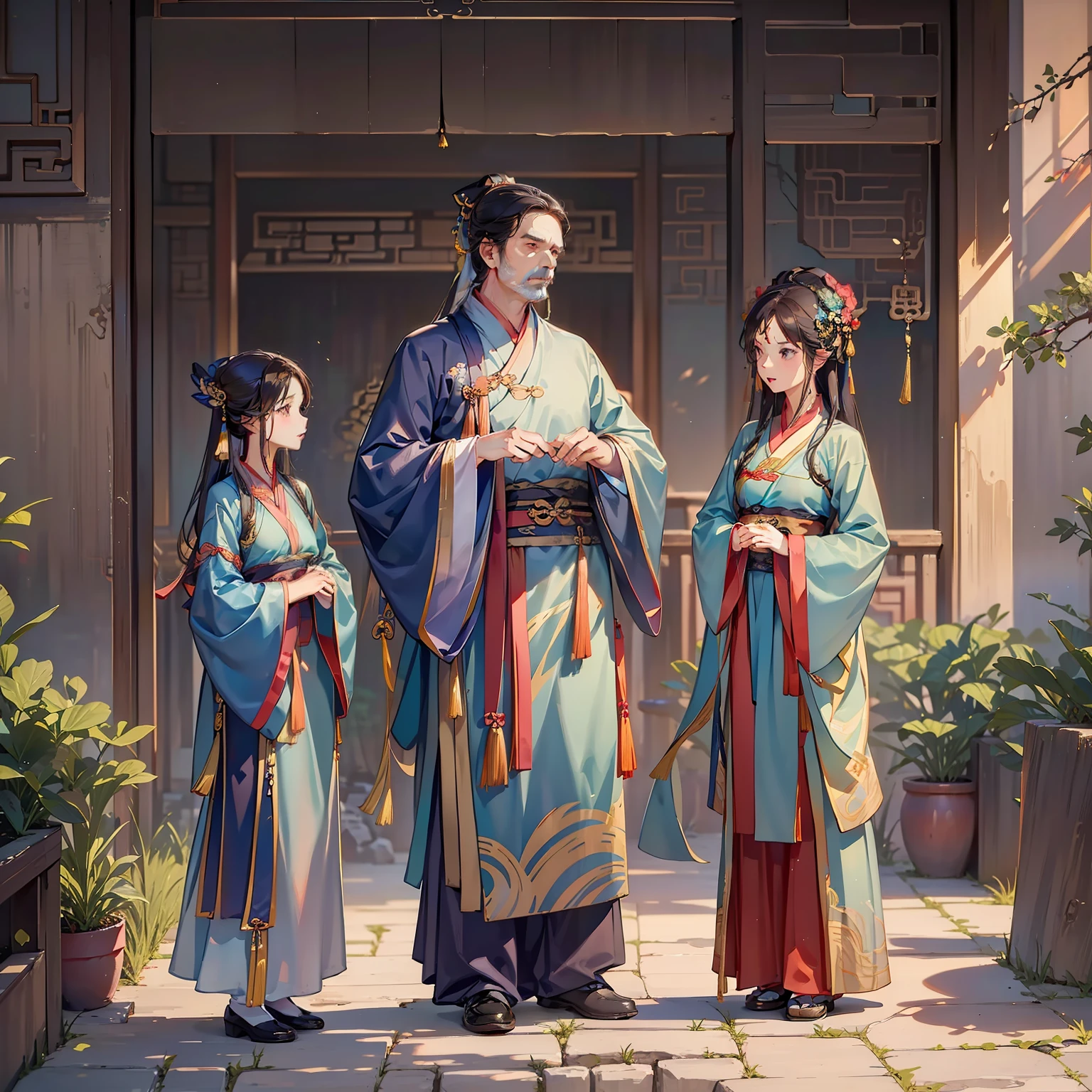 (A lovely young girl stands next to a middle-aged woman and a middle-aged man, wearing Hanfu)
(In an ancient courtyard)
(Chinese)
