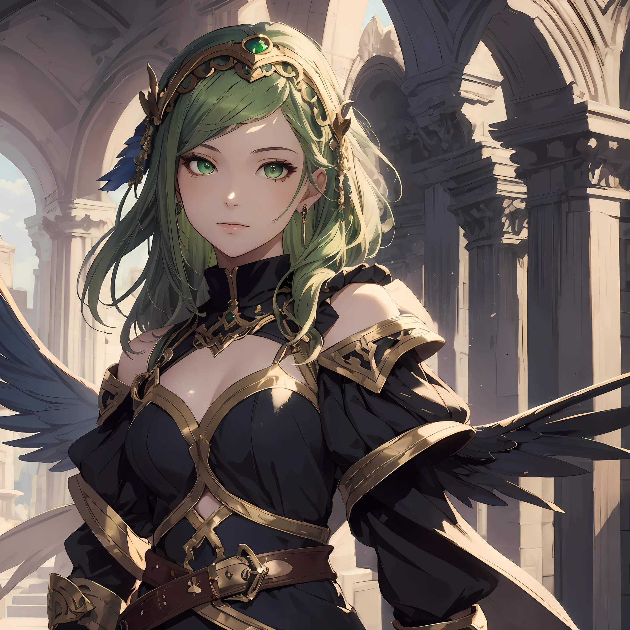 masterpiece, best quality, 1woman, adult, female focus, solo, light green hair, vibrant green eyes, looking at viewer, closed mouth, Fantasy aesthetics, Highly detailed, shadowverse style