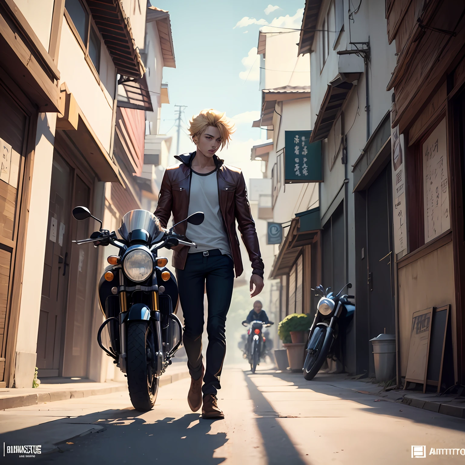 Garoto ruivo de cabelo alaranjado e curto trajado com roupas da moda ao lado de uma motocicleta carenada, por artista "anime", anime, japanese manga, Kurosaki Ichigo, Arthur from Seven deadly sins, arte de anime, by Tite kubo --auto