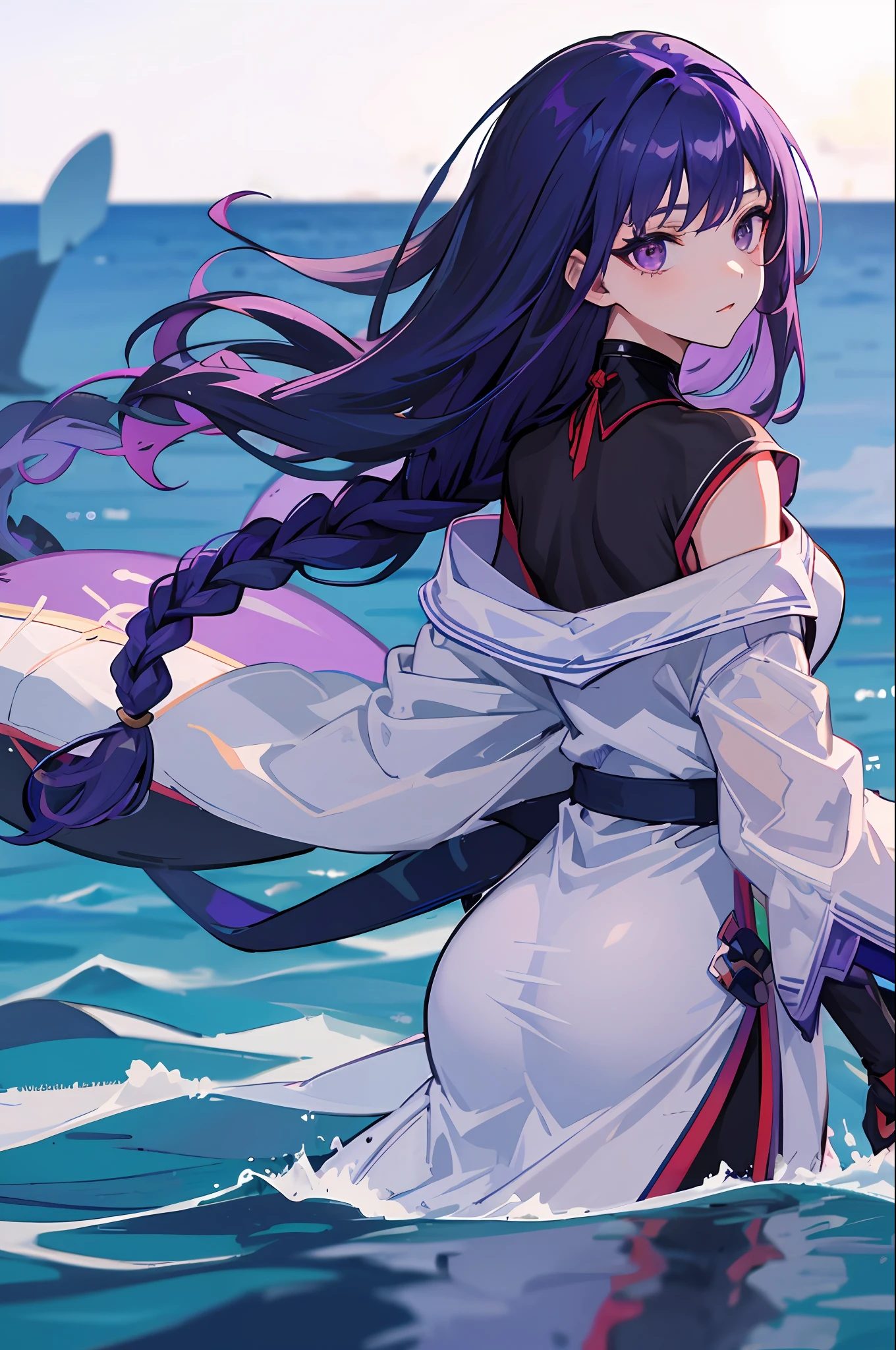 1girll，whales，End，the ocean，Raiden general，Purple eye，Steadfast，Purple colored hair，Twist braids