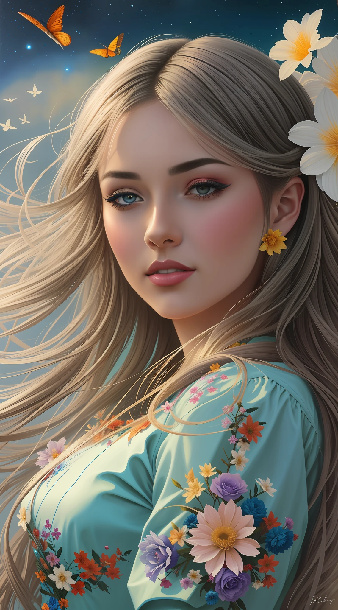 Mulher loira com flores no cabelo e um vestido azul, bela arte digital, lindo pintura digital, pintura digital bonita, karol bak uhd, Arte digital realista 4K, Arte digital realista 4K, Beautiful digital illustration, Ross Tran 8 K, Arte digital altamente detalhada em 4k, pintura detalhada 4K, pintura realista da bonito, stunning digital illustration