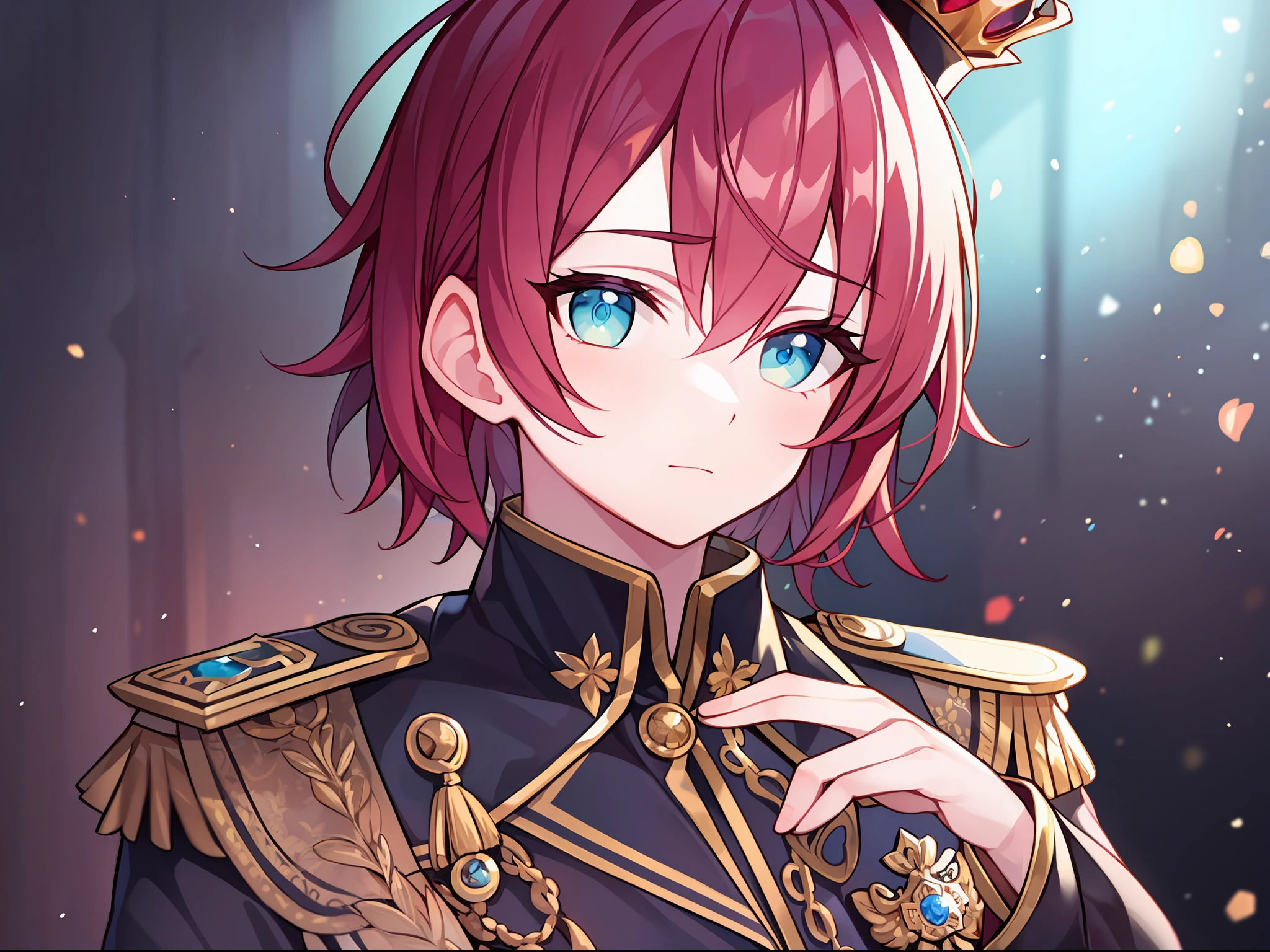 top-quality、dark backgrounds、Red-haired young idol young man in white military uniform with red small crown、独奏、Cool Men、Skinny handsome man、Asymmetrical oblique hairstyle,Surrounded by pale blue round multiple lights、Wrap the light with your hand、Wistful gaze、Prone to downcast eyes、Green eyes、dark backgrounds、Backgrounds with depth、Fantastical、Details you may miss when flashing