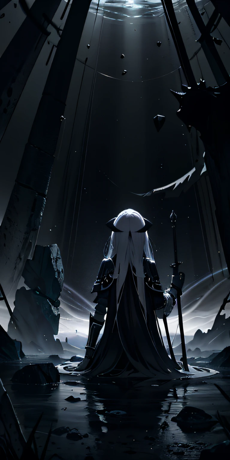 Abyss，Ancient battlefield，decedent，Destroyed armor，Endless darkness，s girl，Black Sword，whaite hair，streaming tears，bloods