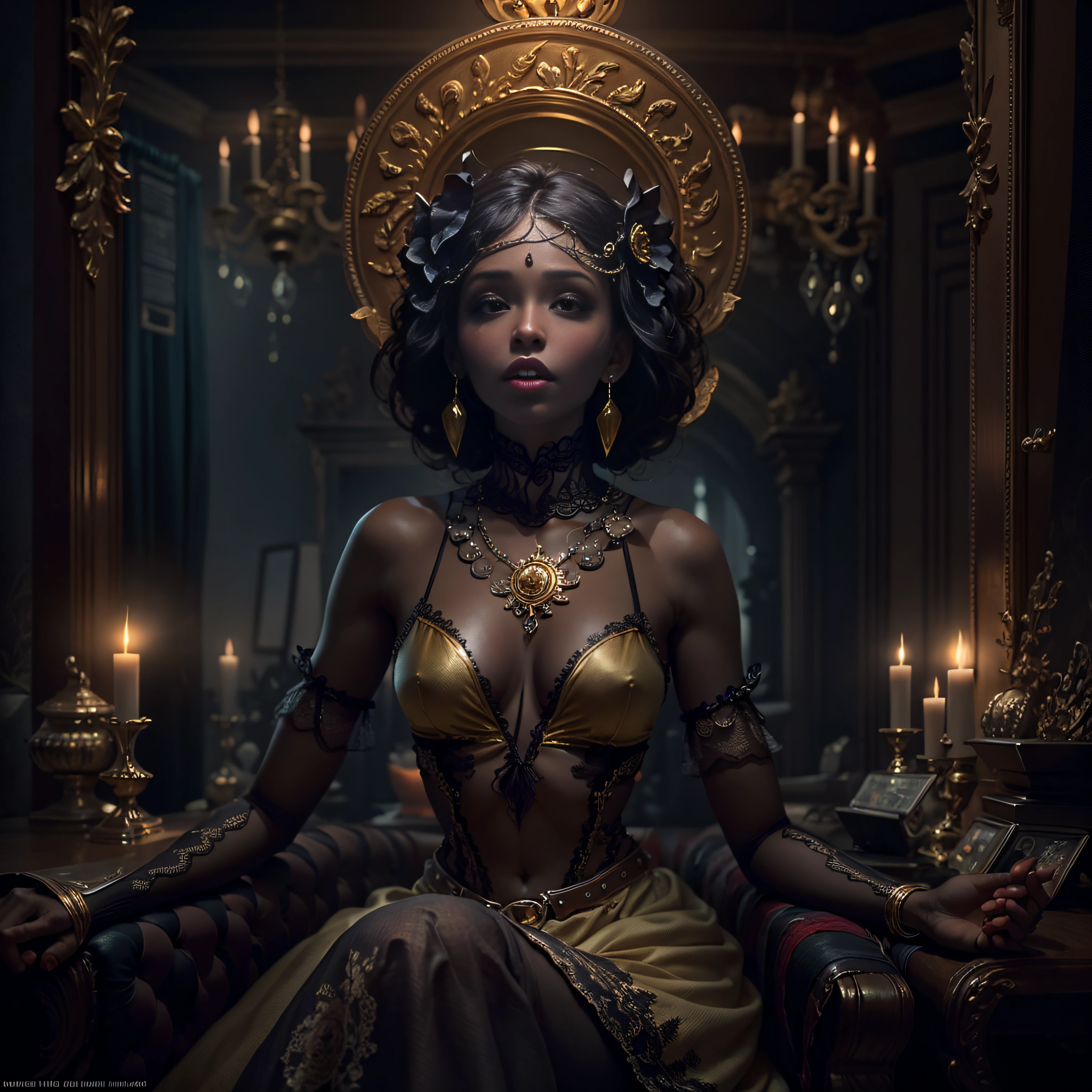 (80’s horror movie stills), deeply dramatic and alluring full-body portrait (1.2), mesmerizing african vampire female figure, , accents of gold and silver filigree, focus on cleavage (1.3) drawing attention to her sensuality. intricate details, cinematic lighting, photorealistic manner, background features flickering candles., masterpiece, best quality, high quality, highres, amazing lighting, detail enhancement, most beautiful image in the world, 8k resolution, awe inspiring, hd