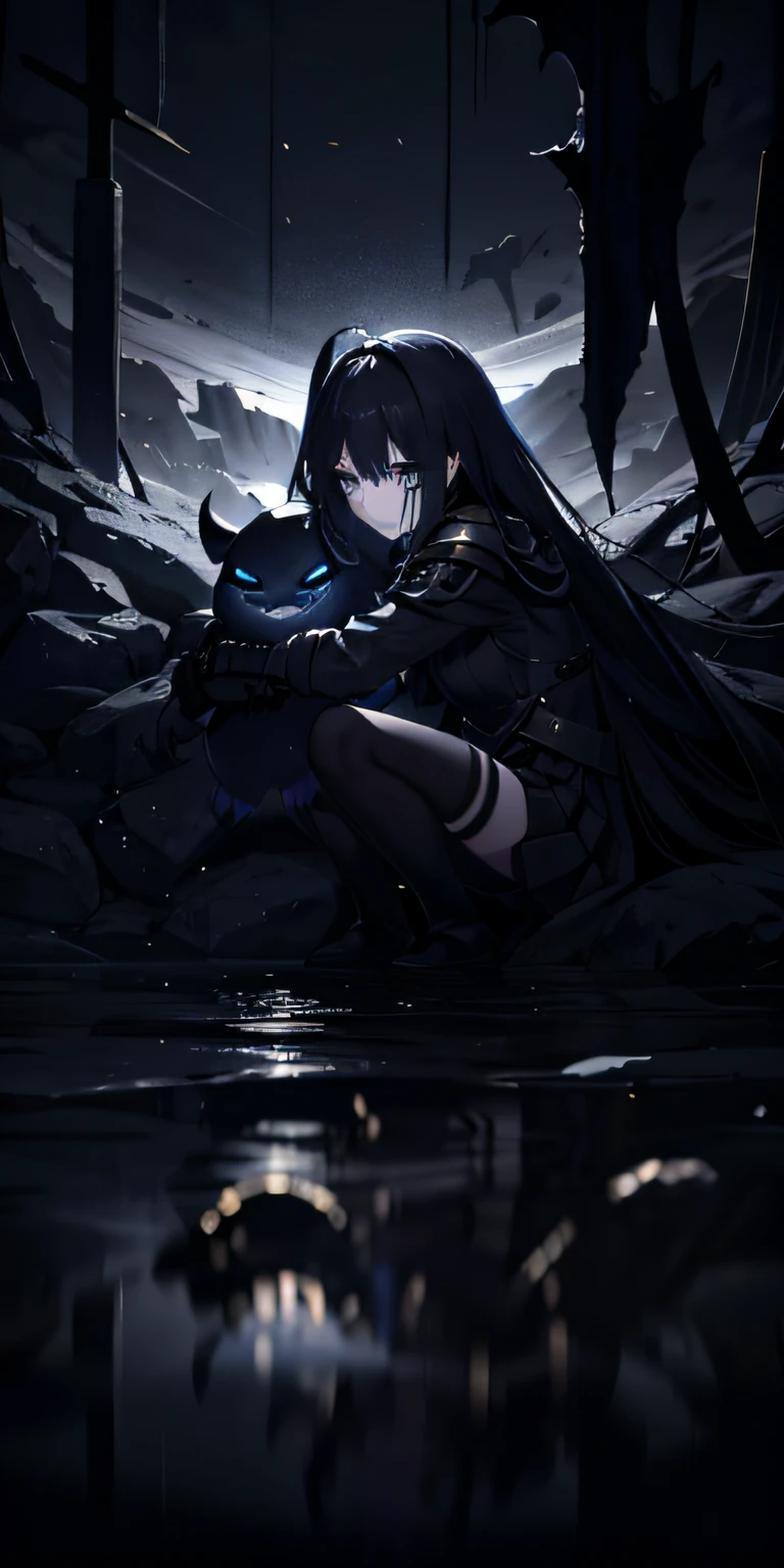 Abyss,Ancient battlefield,decedent,Destroyed armor,Endless darkness,teens girl,Black sword,whaite hair,streaming tears,bloods,hugs