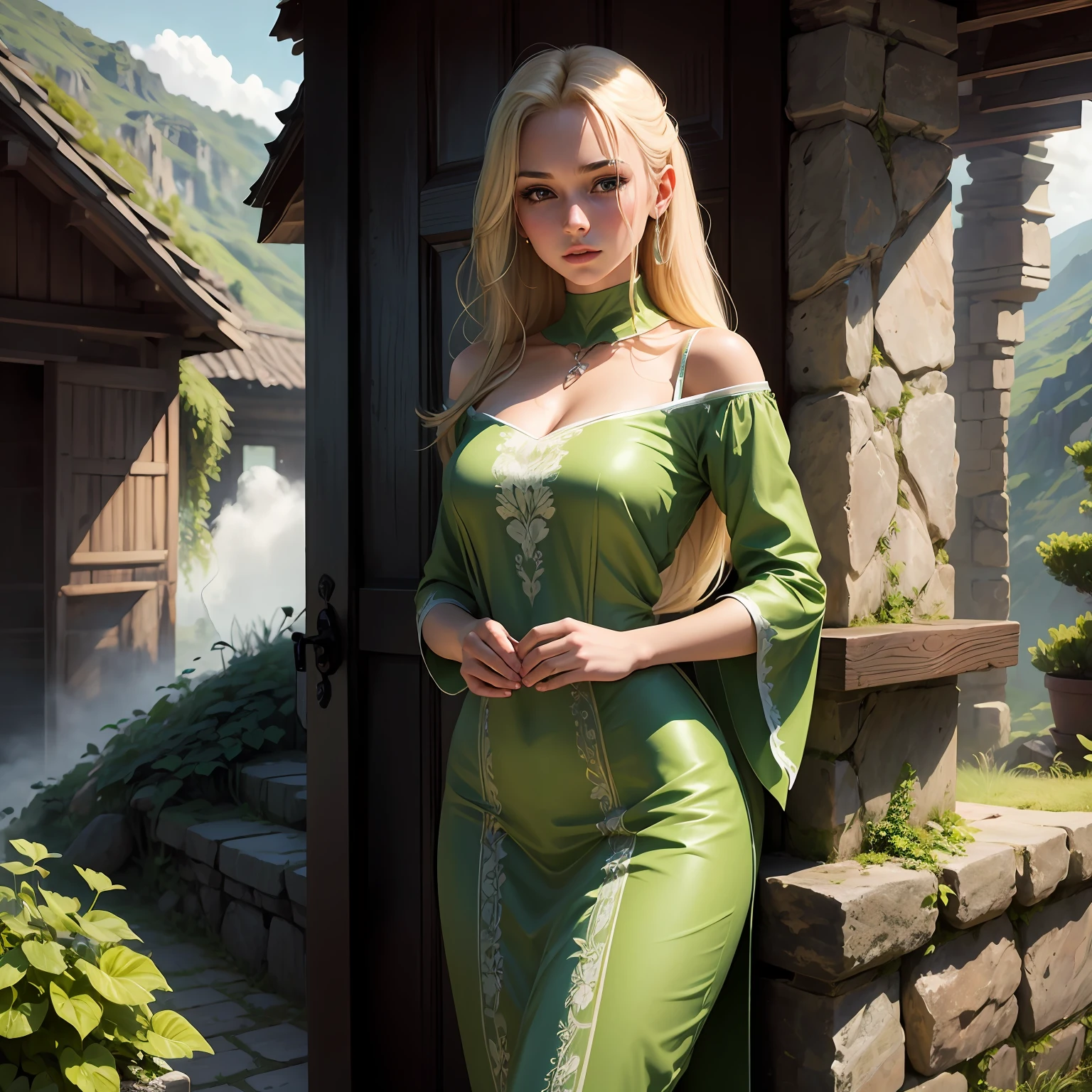 Beautuful Women ,The upper part of the body,blond hairbl,exteriors,mont,mist,Eau,green color, --auto