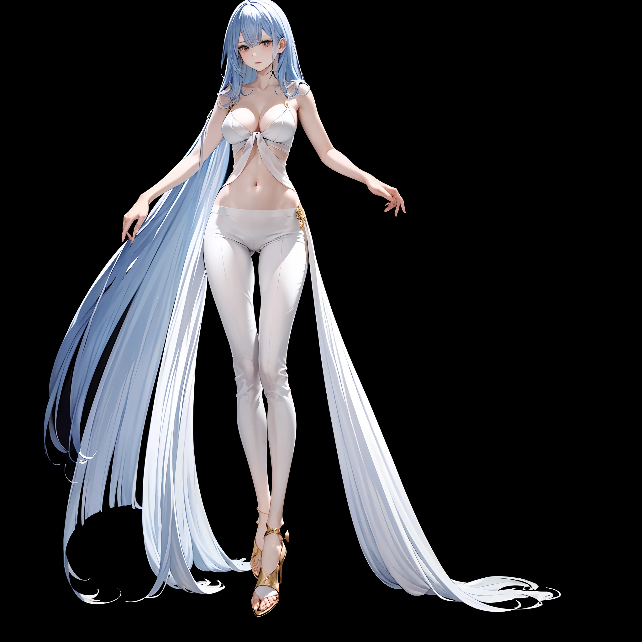 Masterpiece, a beautiful void goddess, gorgeous clothes on gold pattern, full body white transparent bikini standing under empty night stars, disappeared transparent pants, full body standing, tall figure, slender legs, facial details, detailed body part details, 8k wallpaper