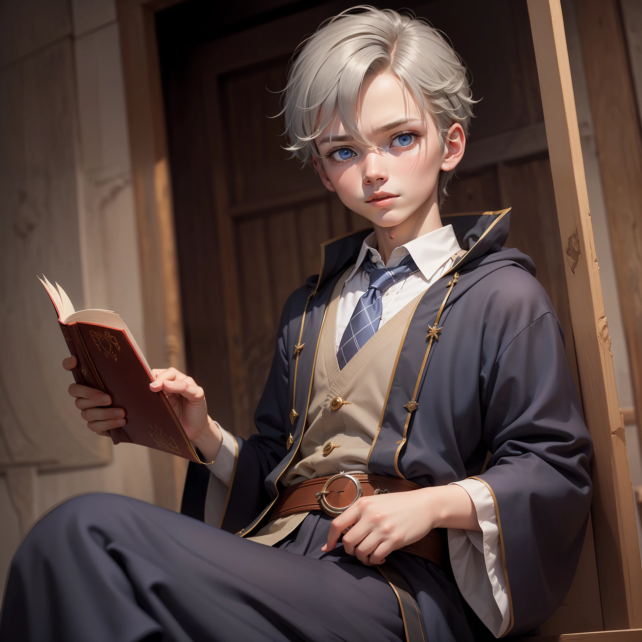 Gray-haired boy,solo person,Sorcerer apprentice,Eleven years old,Blue eyes,Wearing Western-style rune robes,Wear a tie,Wearing unilateral eyes,The face is a little thin,Holding a book