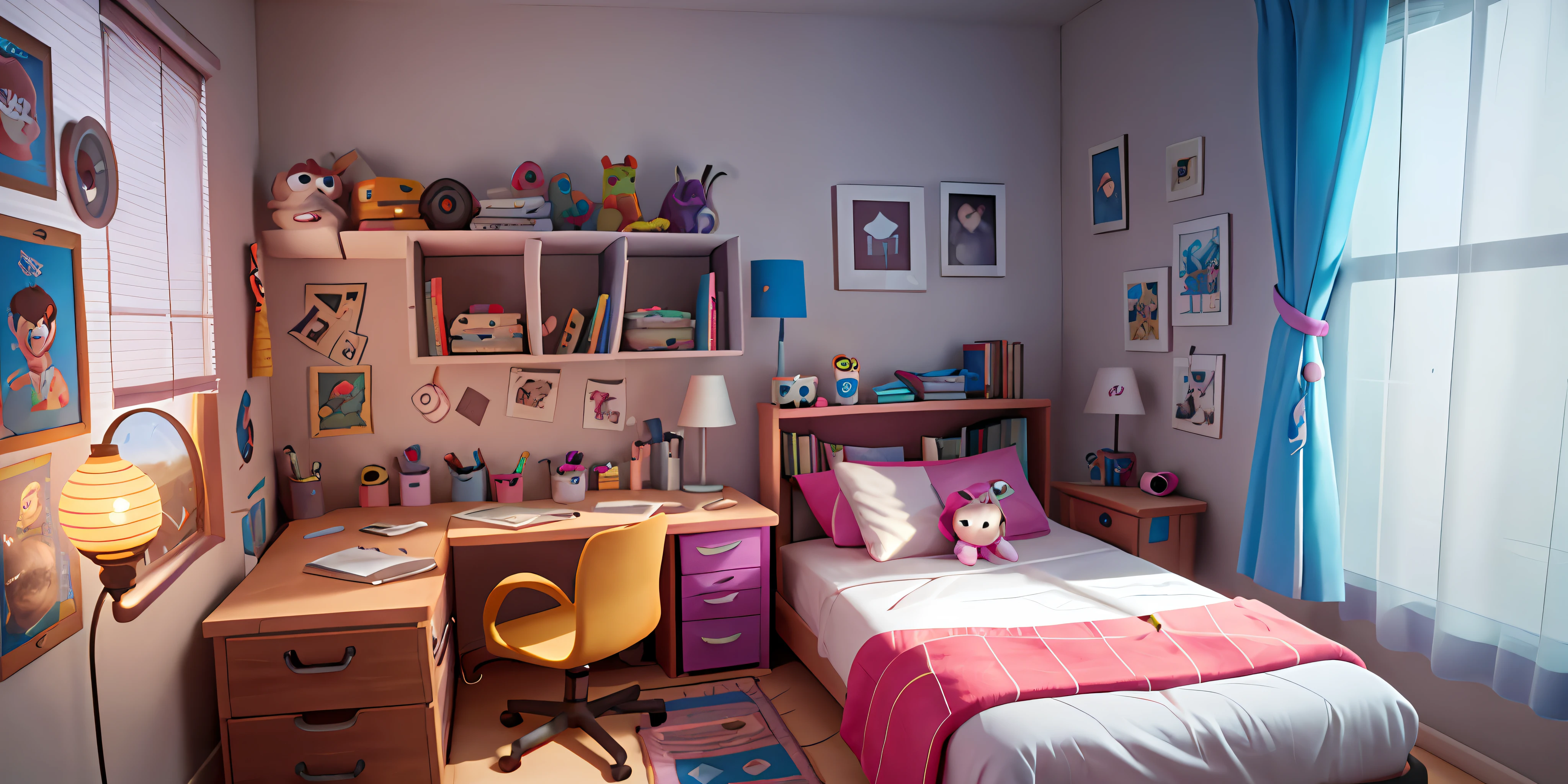 there is a room with a bunk bed and a desk with a lamp, cyberpunk teenager bedroom, personal room background, pixar renderman render, cyberpunk childrens bedroom, pixar 8 k photo, disney pixar 8 k photo, chaotic teenage bedroom, pixar highly detailed, high quality desktop wallpaper, pixar movie panorama, pixar film setting, 8k hd wallpaper digital art