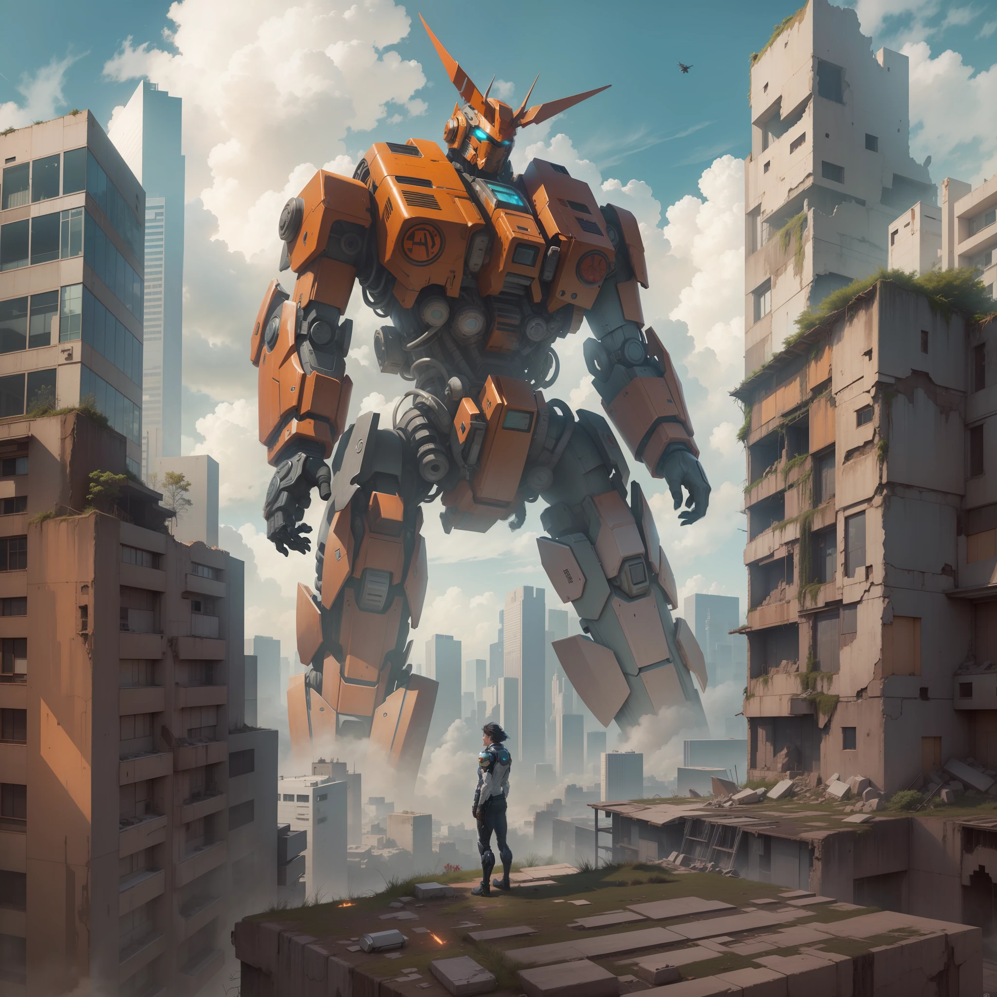 heaven, nuvens, holding_weapon, no_humans, brilhante, a man standing on top of a building, de costas para o espectador, olhando ao longe, giant robot, vermelho, bilding, ruins, glowing_eyes, mecha, scientific fiction, cidade, realidade, mecha, giga