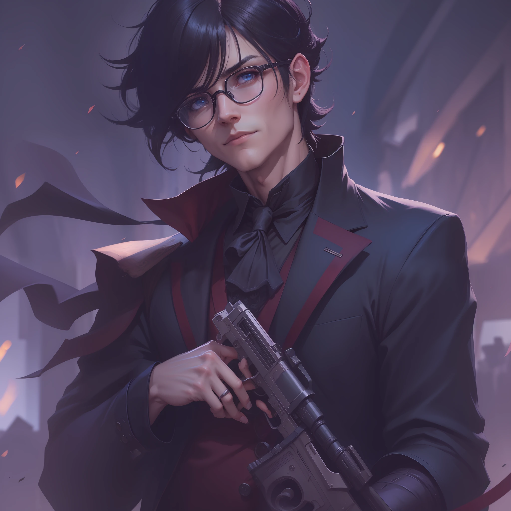 Adult male elf anime dark hair and navy blue eyes in black suit and glasses holding a 38 long barreled revolver in his right hand , Arte estilo Guweiz, arte de anime digital detalhada, Guweiz, arte de anime limpa e detalhada, foto de perfil do discord, Gapmoe Yandere Grimdark