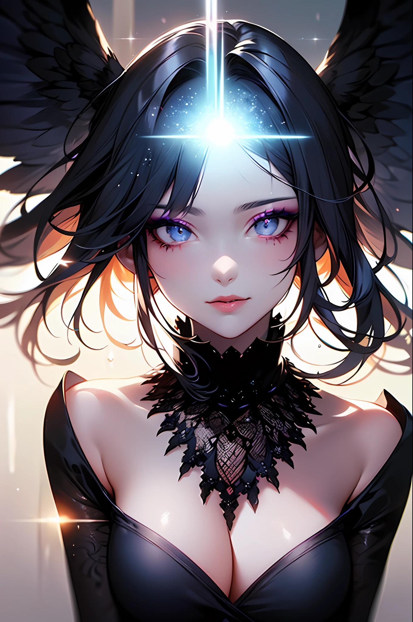 (Masterpiece:1.2), best quality, (illustration:1.2), (ultra-detailed),Eye focus,(Masterfully crafted Glow, pink lens flare), (Cinematic background), hyper details, (delicate detailed), (intricate details),in the air, octane render, hdr, (hyperdetailed:1.15), (soft light:1.2), 1girl, beautiful girl, ultra detailed eyes, mature, plump, thick, rainbow painting drops, paint teardrops, woman made up from paint, entirely paint, splat, splash, outdoors, (bioluminescent hair:1.1),(glowing eyes), ((makeup)),(Cinematic masterpiece), fierce, powerful, splashes of colour absolutely eye-catching, (Cinematic headlight), light coming from above, growing shadows, ((caustic)), dynamic angle, beautiful detailed glow, ambient occlusion, ambient light, raytraced reflections,(best illumination, an extremely delicate and beautiful), ((cinematic light)), (soft:2), (Nephilim:1.2), (halo), demon horns,(1 angel wing),1 demon wing, wings on back, half demon, demon ears, black wings, raven wings, (falling raven feathers), black hair, grey eyes, (red hair glow), (radiant aura),