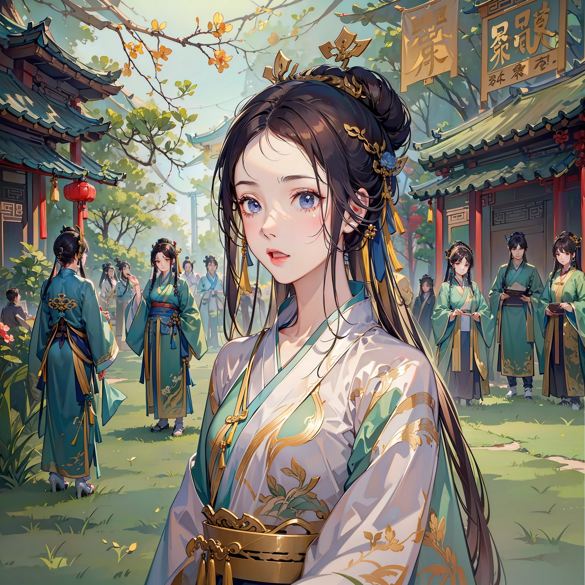 (A street of many people)
(Chinese)
(A girl with delicate features, wearing Hanfu)
