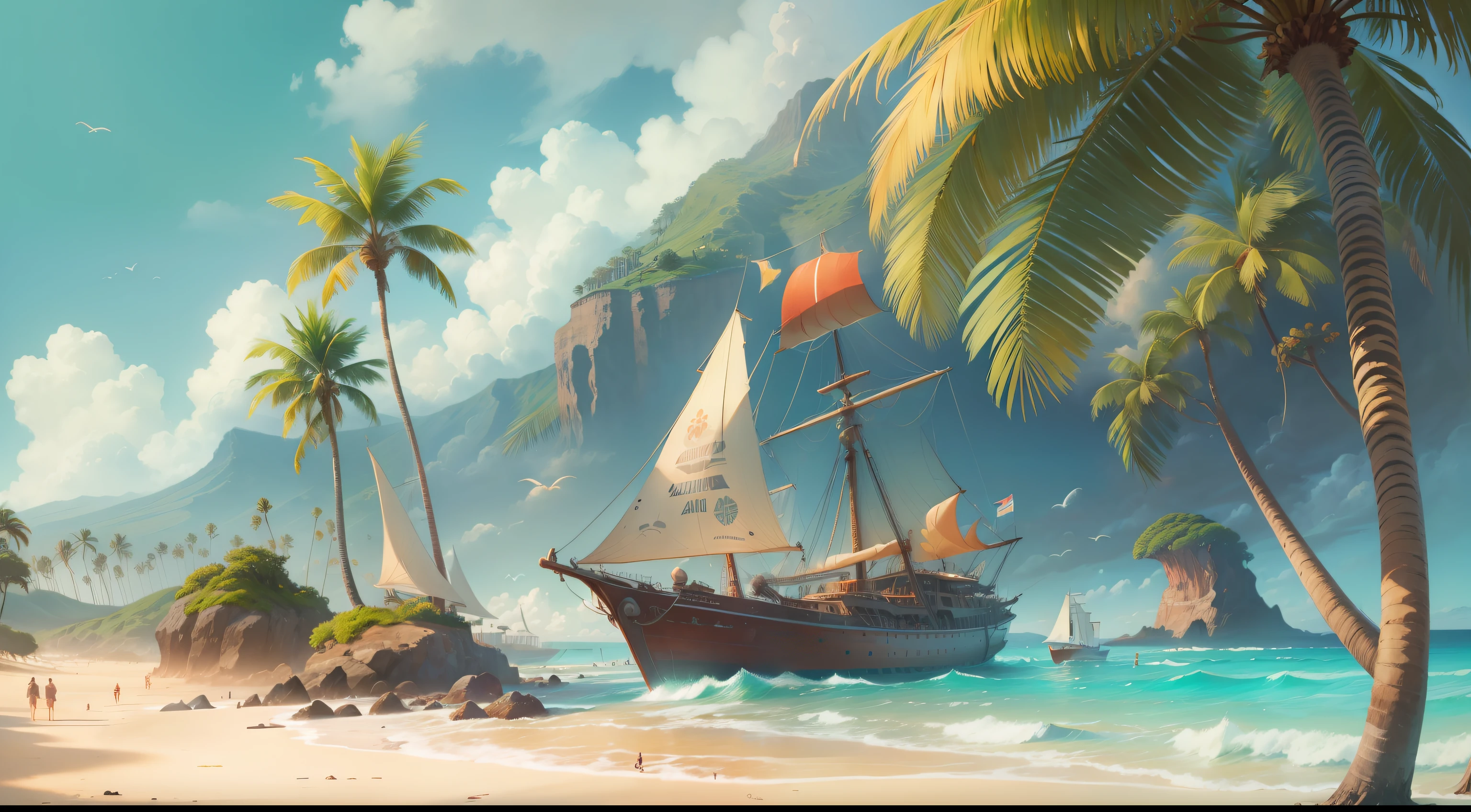 Drawing beach with blue sea and palm trees, big rattleshell on beach, shells, red starfish, sailing ship, highly detailed digital painting, gorgeous digital painting, beautiful digital painting, very detailed digital painting, stunning digital painting, digital painting very detailed, detailed digital painting, Ross Tran. Landscape background, drawn in anime painter studio, high detail digital painting, beautiful artwork illustration, high quality digital painting in stunning digital paint, alafid palm trees and sailboats on tropical beach, hawaii beach, tropical beach paradise, maui, paradise in background, vacation photos, on tropical beach, in seaside setting, tropical environment, palm trees on beach, tropical paradise, tropical location, tropical beach, breathtaking quality, beautiful view, hawai, paradise, Holiday season, travel