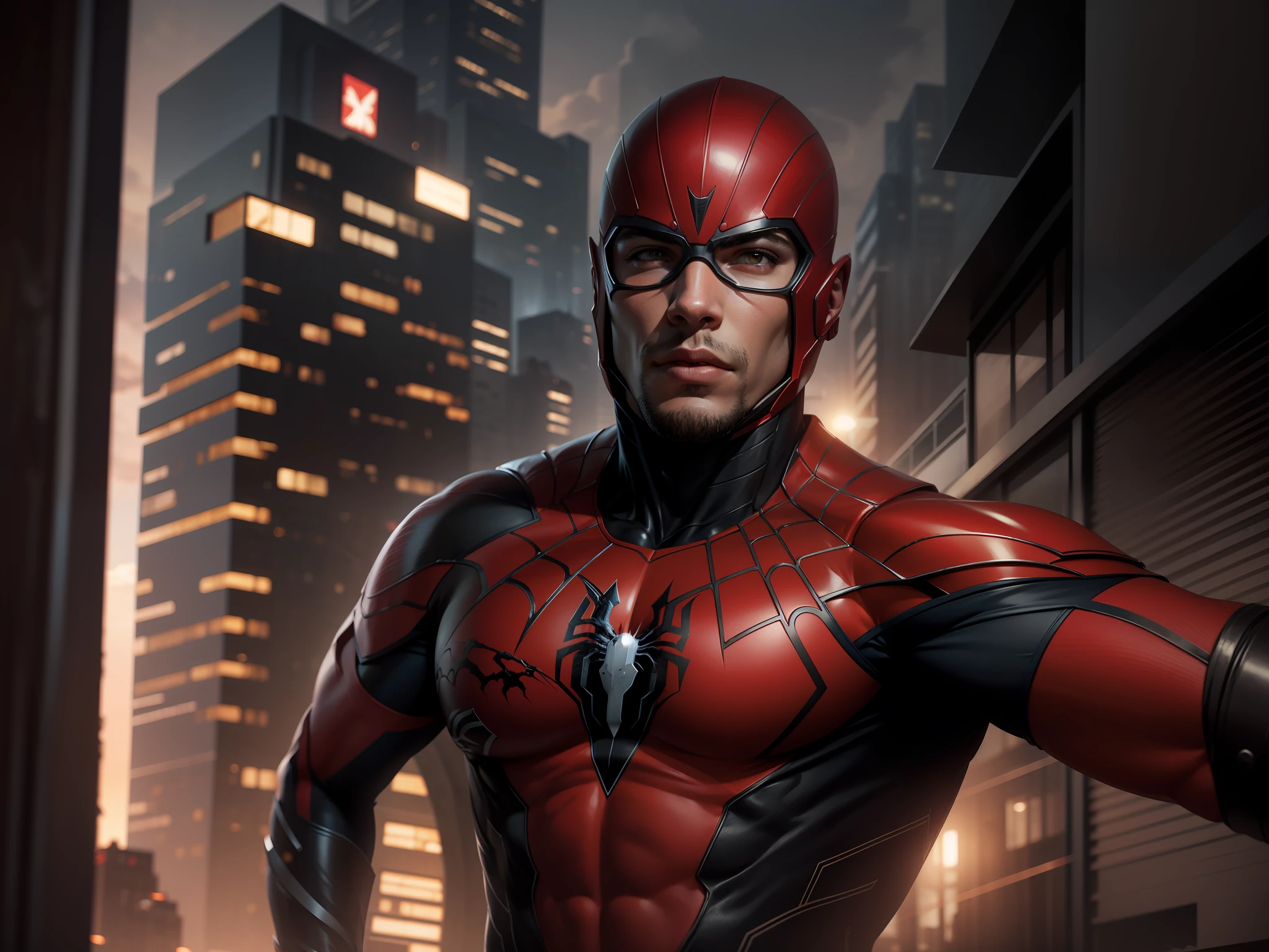Homem com roupa vermelha do homem aranha, Futuristic city in the background