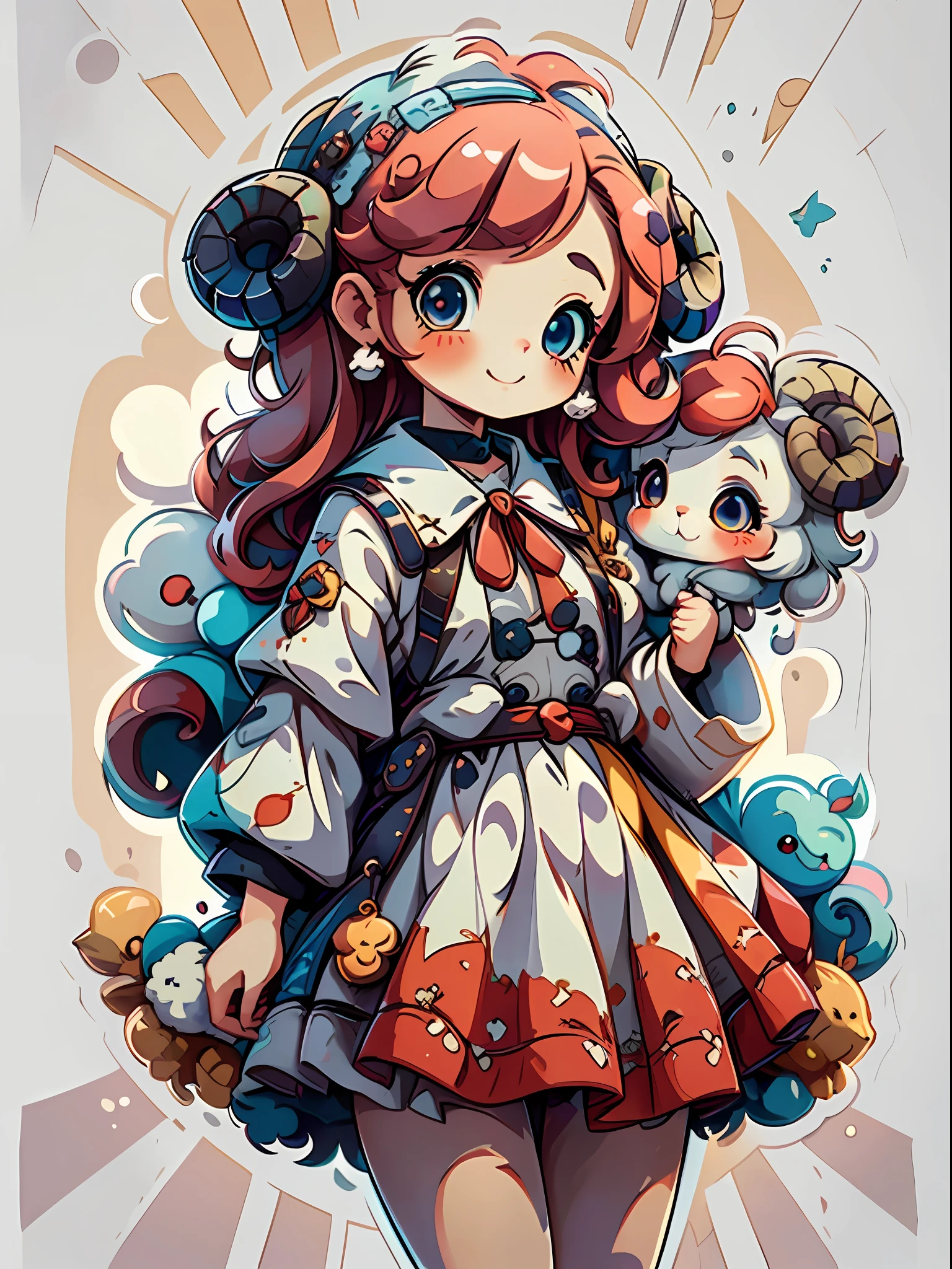 plastican00d、Simple white background、masutepiece, of the highest quality, isometric, beatiful detailed eyes、cowboy  shot、(Cute cheerful little character girl of the year、Sheep horns on the head、Red hair、White fluffy dress、fullllbody)、