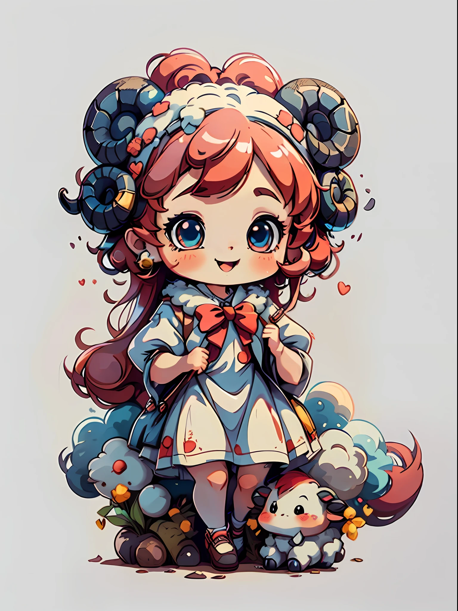 plastican00d、Simple white background、masutepiece, of the highest quality, isometric, beatiful detailed eyes、cowboy shot、(Cute cheerful little character girl of the year、Sheep horns on the head、Red hair、White fluffy dress、fullllbody)、