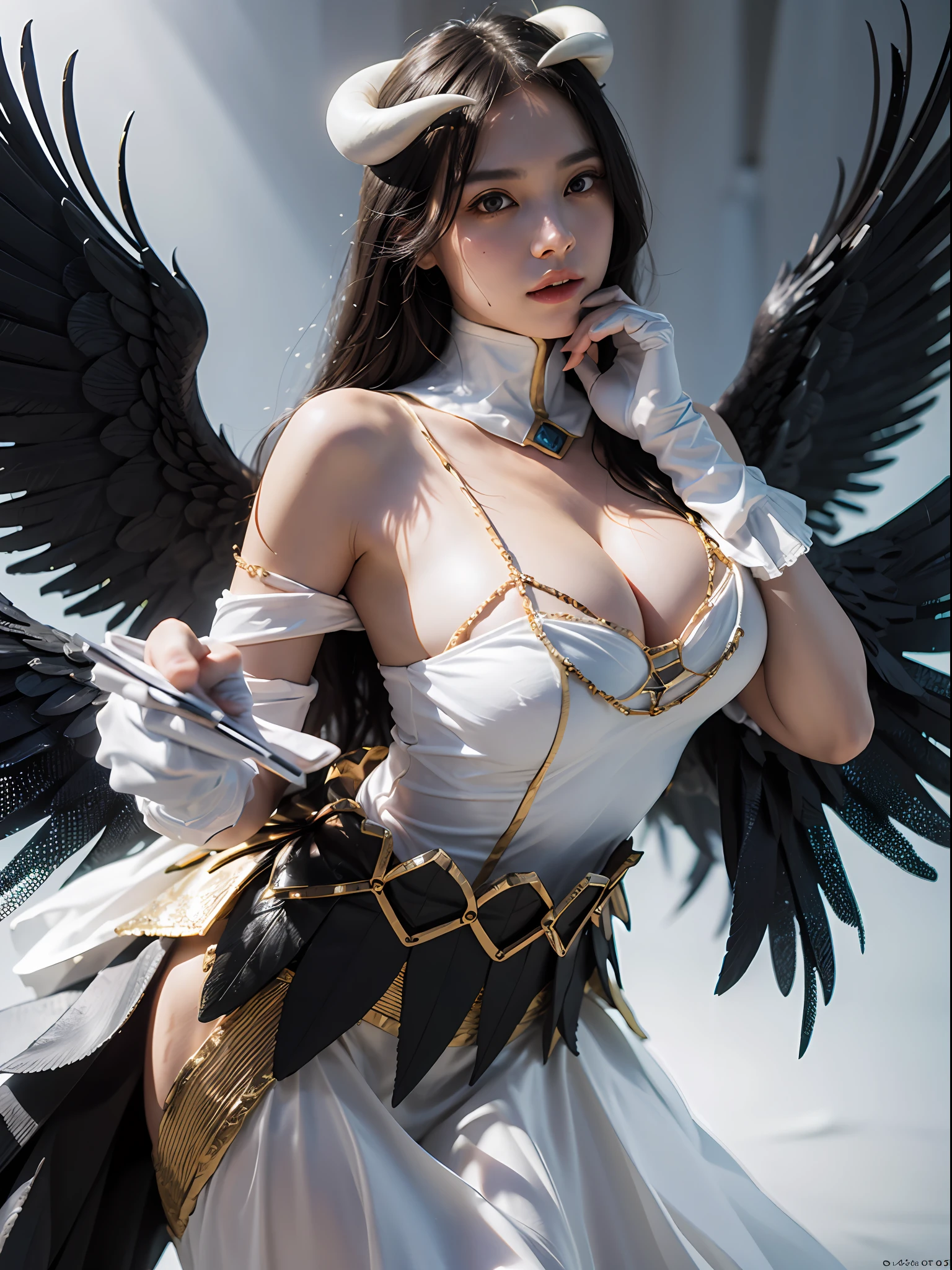 1girl, solo, al1, demon horns, white gloves, white dress, bare shoulders, detached collar, cleavage, slit pupils, black wings, feathered wings, low wings, beautiful background, big breast, (black wings:1.2), (feathered wings:1.2), full body, (realistic:1.2), (realism:1.2), (masterpiece:1.2), (best quality), (ultra detailed), (intricate), (85mm), light particles, lighting, (highly detailed:1.2), (detailed face:1.2), (gradients), sfw, colorful, (detailed eyes:1.2), (detailed background), (rule of third_composition:1.3), (Line of action:1.2), daylight.