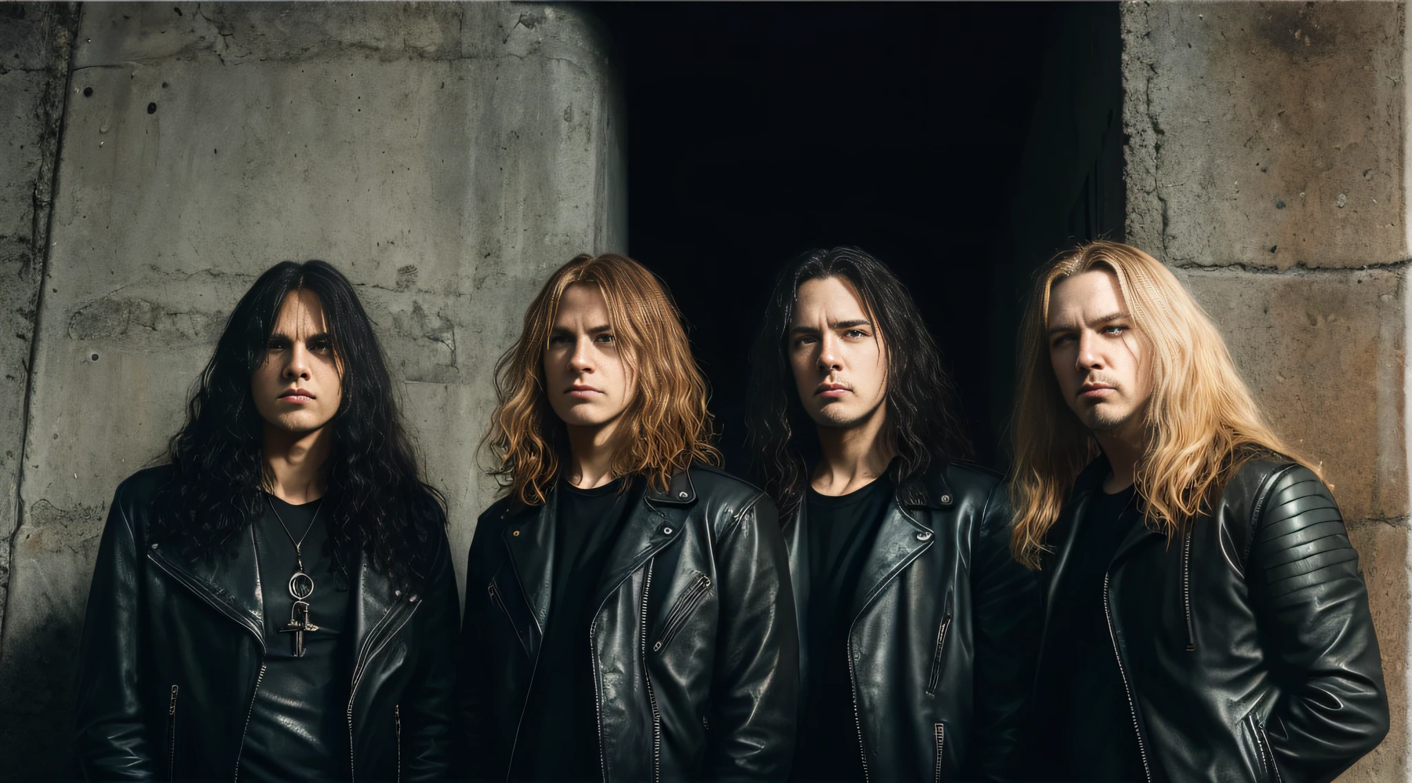 a group of young boys, in leather jacket and black clothing, with long blonde hair, close up, standing in front of a wall, dream theater, new wave british heavy metal, doom metal, heavy rock band promo photo, heavy metal band promo, sotn, sf, u. h. d, infernal, dramatic art,  remastering, pentagram, apocalypse, print ready, slayer, a bald head, promotional image