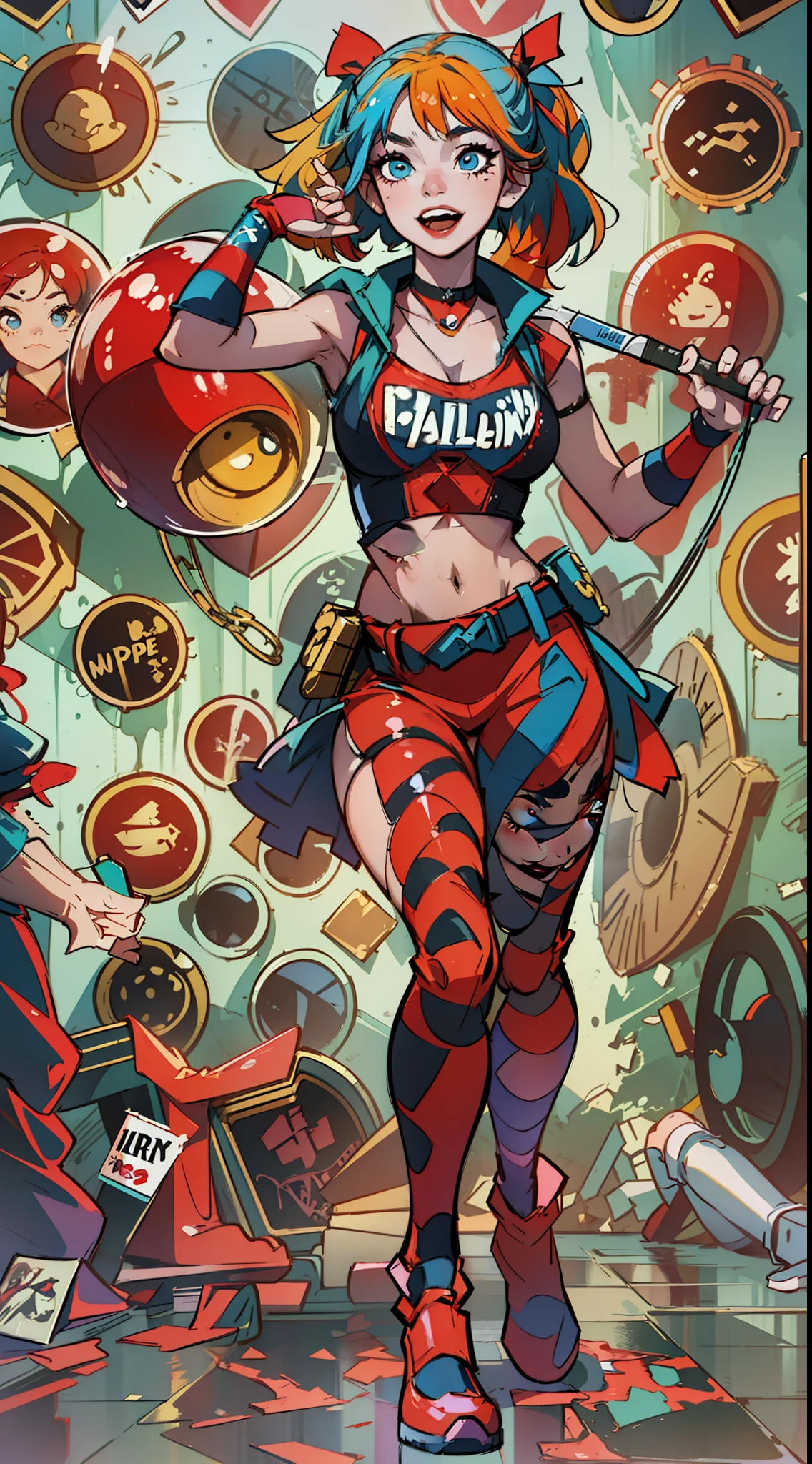 "Harley Quinn, a bold and captivating character with a mischievous smile and vibrant personality. Exuding an air of rebelliousness and playfulness, she is portrayed in an ultra-detailed CG illustration with masterful craftsmanship and impeccable quality. Her trademark multicolored hair, a fusion of red, blue, and yellow, adds a dynamic and eye-catching element. Dressed in her distinctive outfit, consisting of a red and black harlequin costume, accessorized with mismatched gloves and a playful jester neckpiece. The scene is set against a backdrop of chaos and mayhem, with graffiti-covered walls and flickering neon lights. The contoured lighting effects accentuate her features, casting dramatic shadows and highlighting her iconic makeup. This masterpiece artwork encapsulates the essence and allure of Harley Quinn, making it an exquisite and captivating imagery."