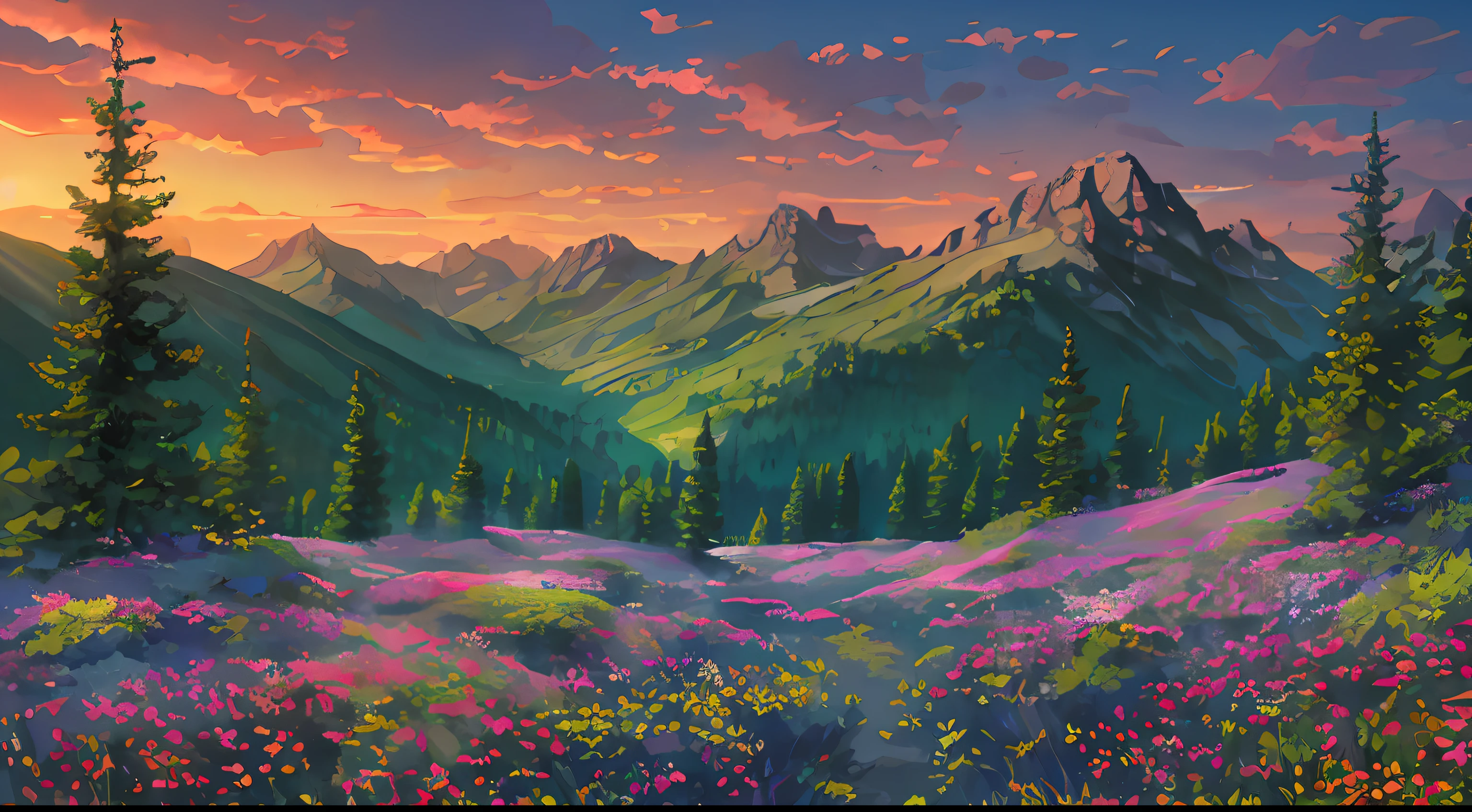 In the mountains and forests, a clearing, dusk and sunset, meadows,