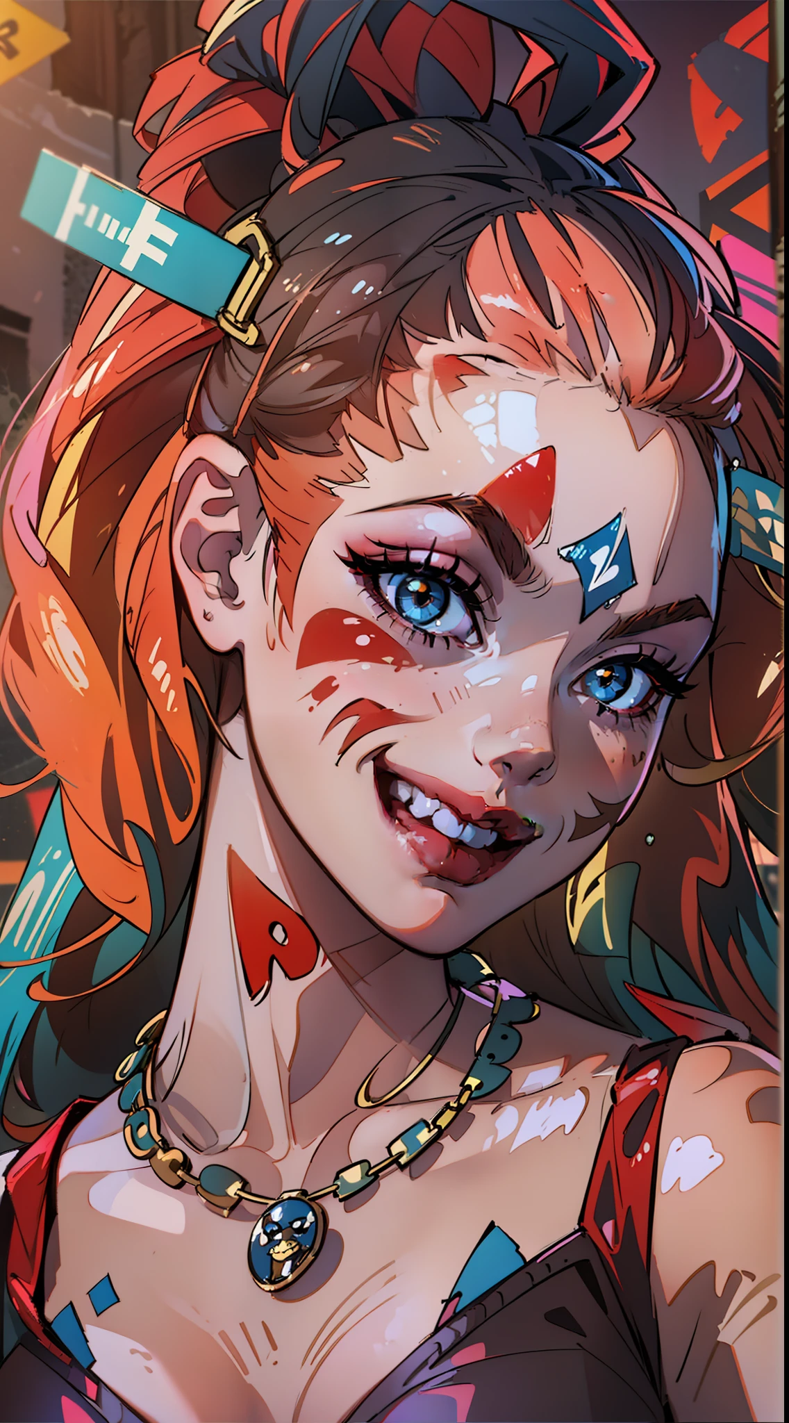 "Harley Quinn, a bold and captivating character with a mischievous smile and vibrant personality. Exuding an air of rebelliousness and playfulness, she is portrayed in an ultra-detailed CG illustration with masterful craftsmanship and impeccable quality. Her trademark multicolored hair, a fusion of red, blue, and yellow, adds a dynamic and eye-catching element. Dressed in her distinctive outfit, consisting of a red and black harlequin costume, accessorized with mismatched gloves and a playful jester neckpiece. The scene is set against a backdrop of chaos and mayhem, with graffiti-covered walls and flickering neon lights. The contoured lighting effects accentuate her features, casting dramatic shadows and highlighting her iconic makeup. This masterpiece artwork encapsulates the essence and allure of Harley Quinn, making it an exquisite and captivating imagery."