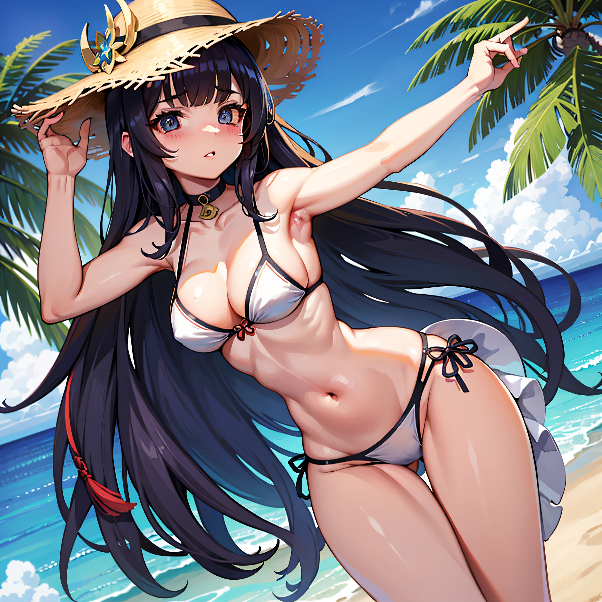 obra-prima, alta qualidade, alta resolução, rosto detalhado, transparente, sbikini, 1girl, Yae Miko, Yae Miko Genshin Impacto, Seios enormes, praia, foco na bunda, bikini blue, looking behind, Pose sexy, corpo exuberante, postura sedutora, pelos pubianos expostos, calcinha apertada, bunda grande, Perna de camelo, coxas grossas, corpo cheio, realista, bumbum grande, red hat, Conecte a bunda, , ficha, bumbum ficha, fim de tarde, starly sky, corpo suado, fundo preto