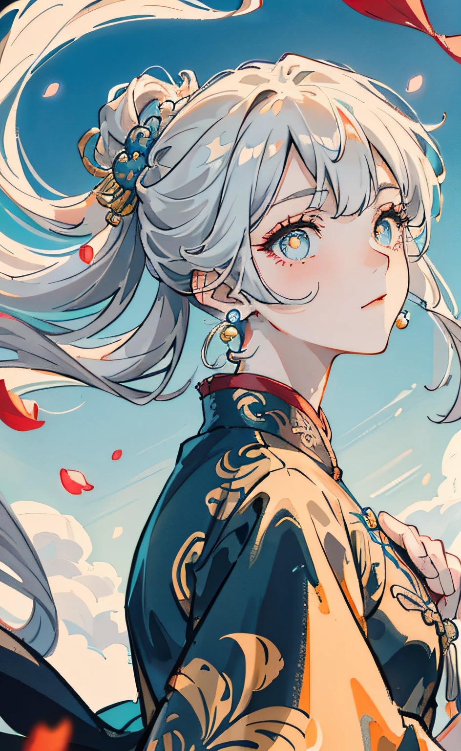 Mature girl, orange pupils, blue-white hair color, floating hair, delicate and flexible eyes, intricate damask Hanfu, gorgeous accessories, wearing pearl earrings, fov, f/1.8, masterpiece, ancient Chinese architecture, blue sky, flower petals flying, front portrait shot, Chang'e, side light, sunlight shining on people, 8K