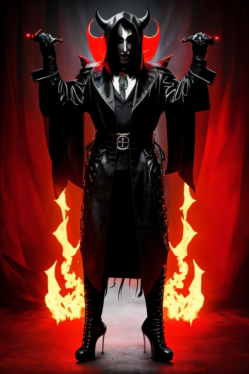 full body marilyn manson as a mortal kombat character in a dark leather religious robe and with  long twisted devil horns in a scary pose in high heels and with very long legs