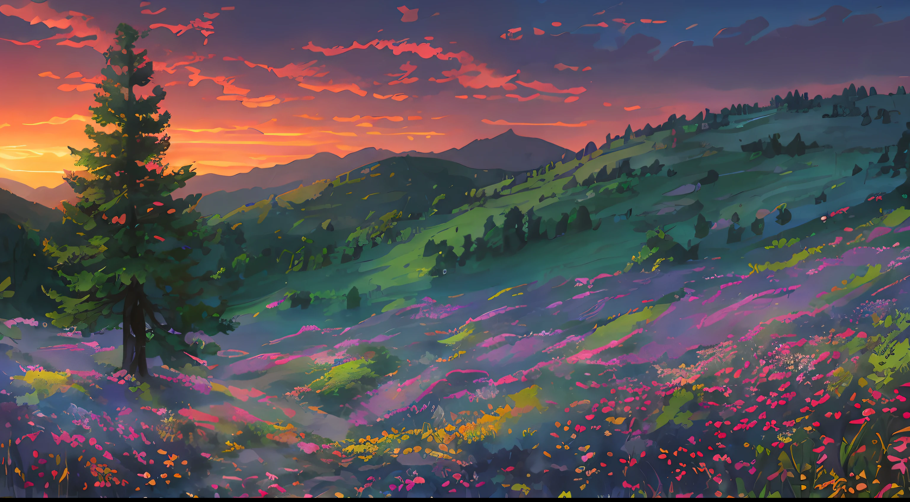 In the mountains and forests, a clearing, dusk and sunset, meadows,