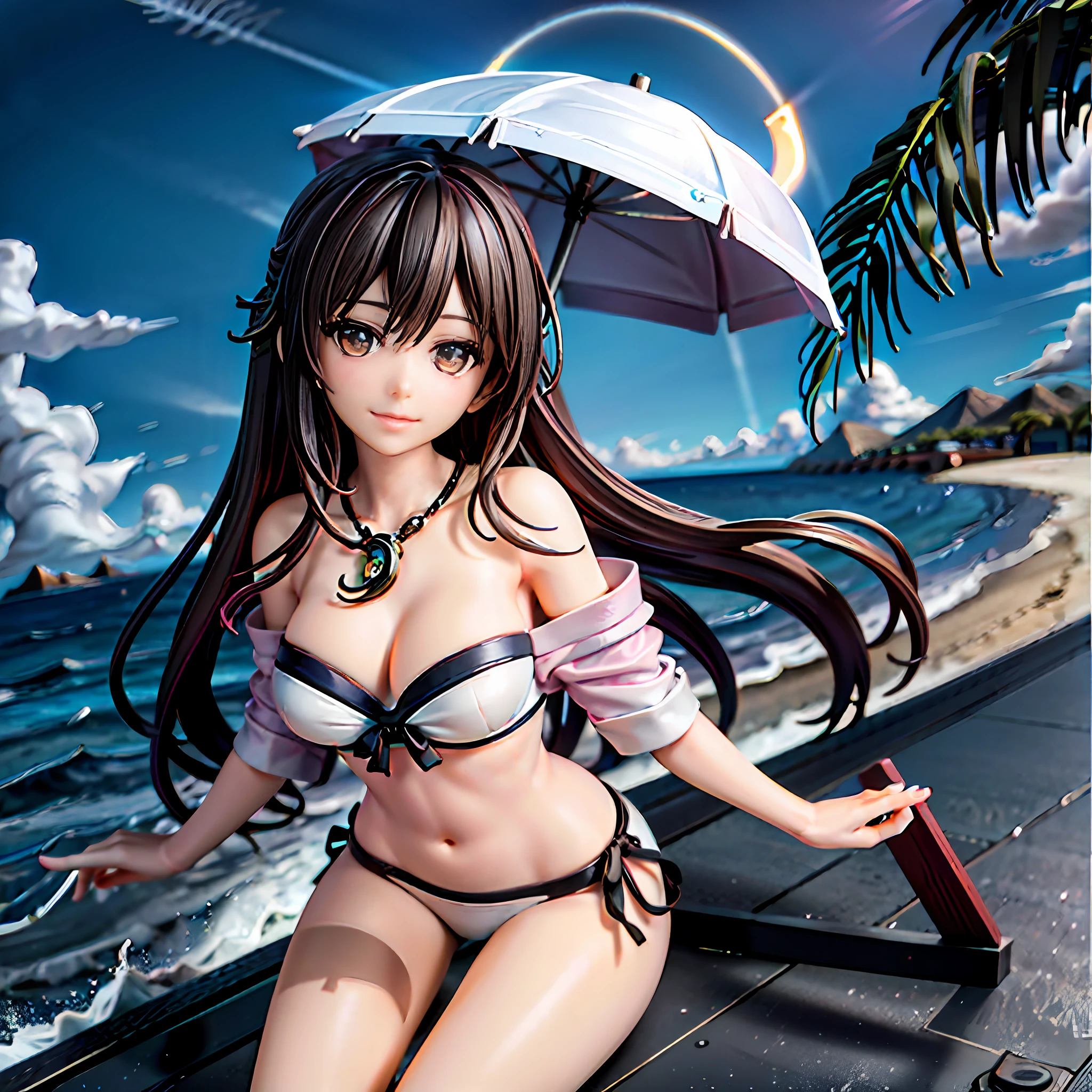 top-quality、An ultra-high picture quality、Anime style、Beautiful girl like the anime heroine of Japan、Double eyelids、Beautiful nasal muscles、Beautiful eyes、The bikini、Eversummer、the beach、Beach coffee shop deck、tropical drink、I can see the waves、White sand beach can be seen、