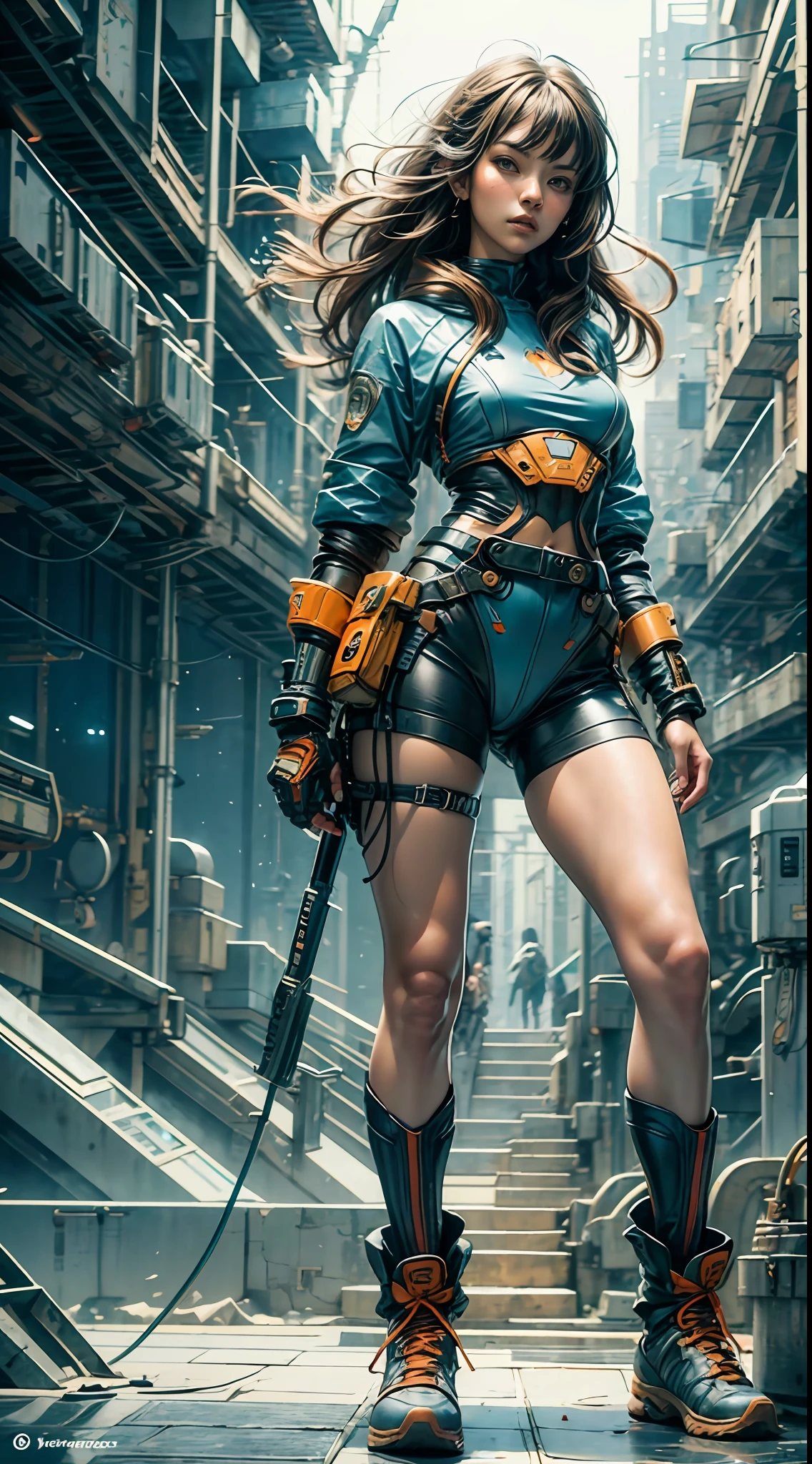 1monk warrior girl with blue orange techwear clothes, Long Brunette Hair, shoelace, Vintage Scifi Background Abstract, Art by Moebius, Art by Ashley Wood