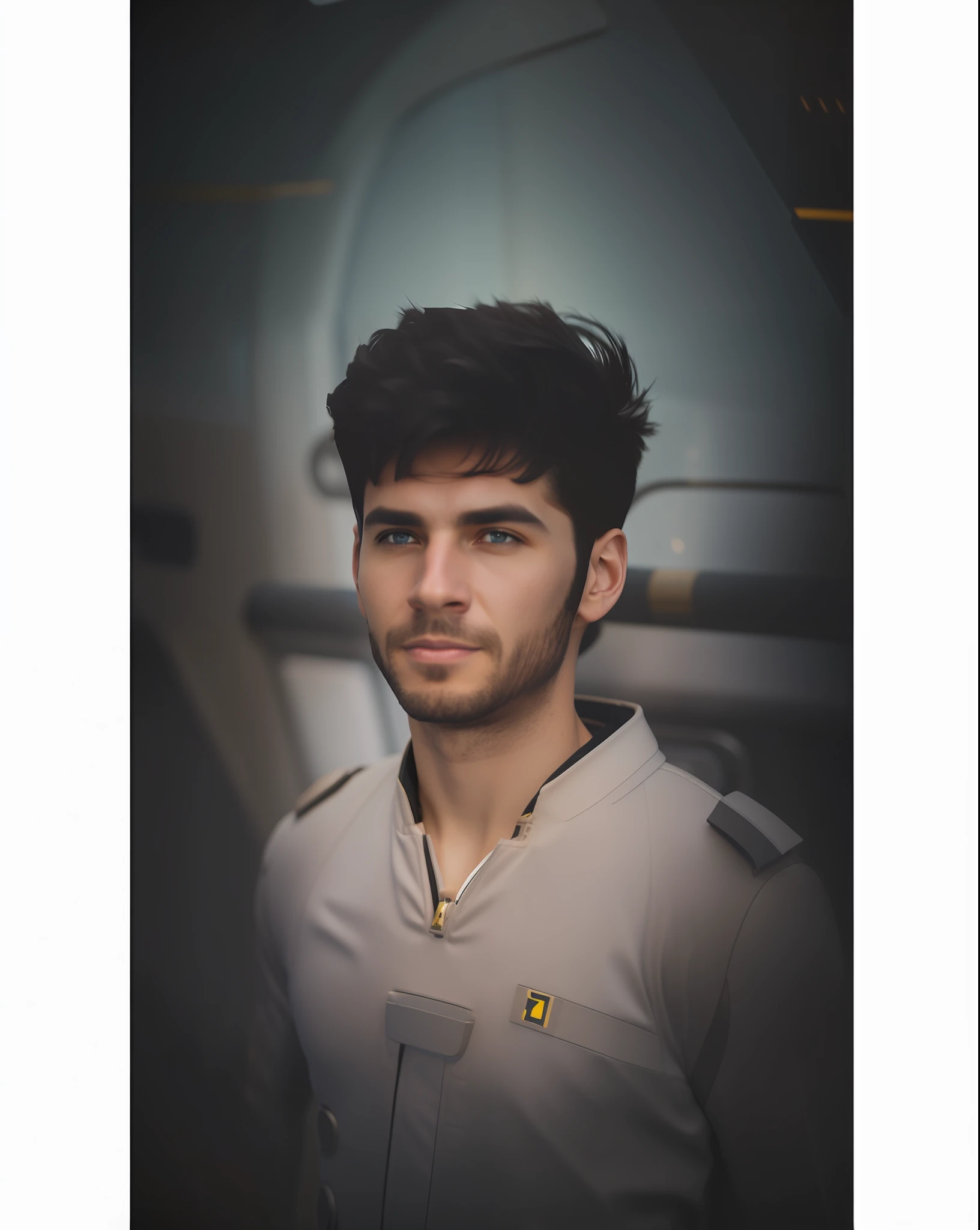 fking_scifi, award-winning photo of a man, black flight suit with yellow accents, brown hair, (gray eyes:1.35), square jawline, asymmetric face, standing in front of a window on a space ship, 80mm, bokeh, mass effect, close up, fking_cinema_v2