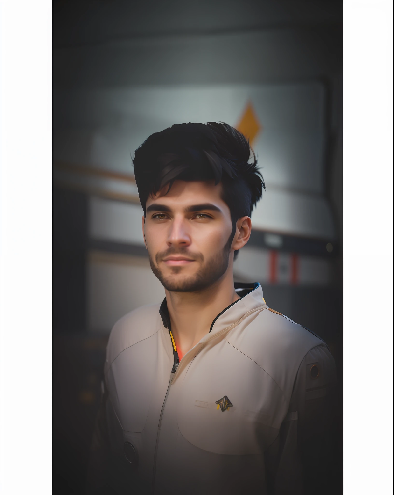fking_scifi, award-winning photo of a man, black flight suit with yellow accents, brown hair, (gray eyes:1.35), square jawline, asymmetric face, standing in front of a window on a space ship, 80mm, bokeh, mass effect, close up, fking_cinema_v2