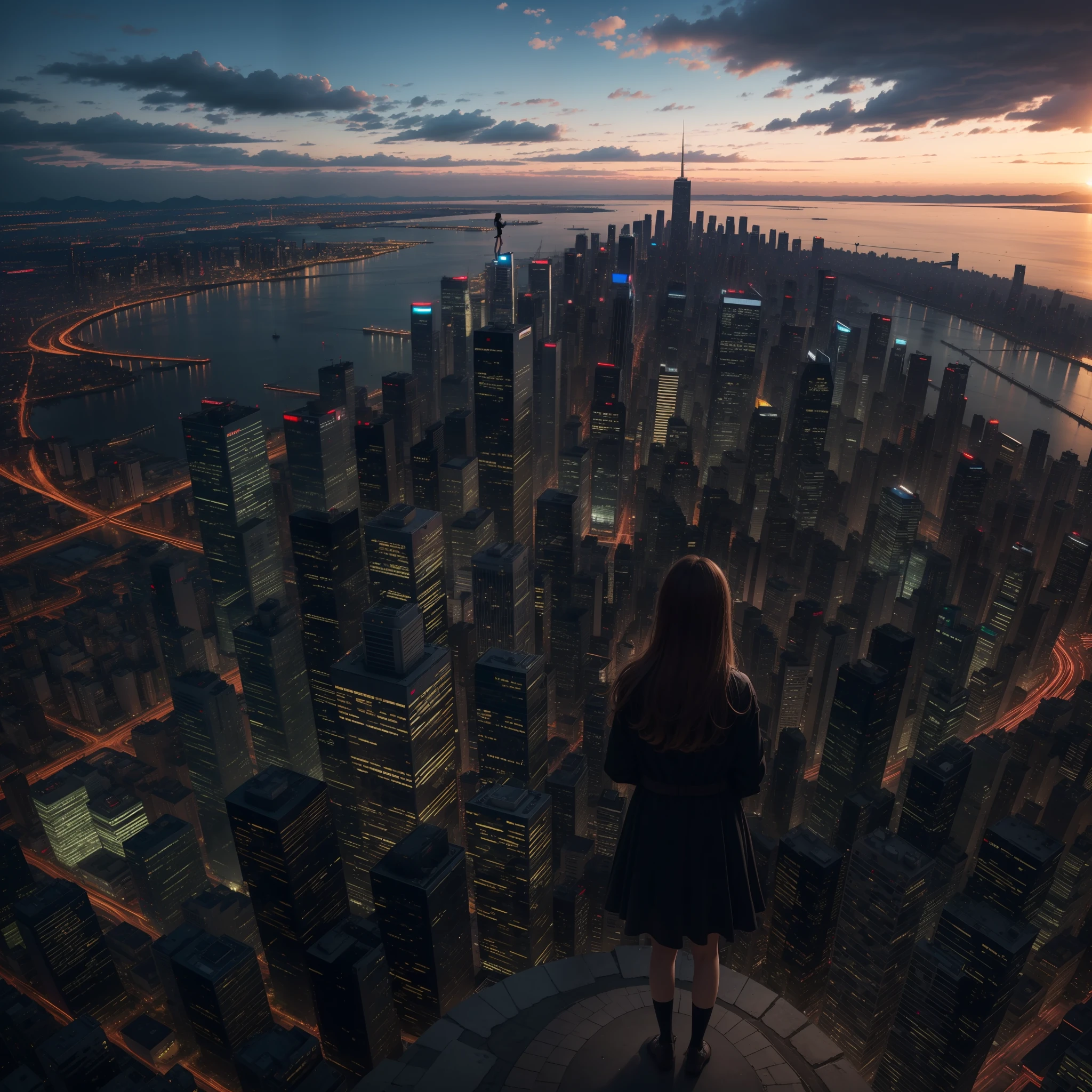 8K masterpiece,wide wide shot,Top of city tall buildings,16 year old girl standing --auto