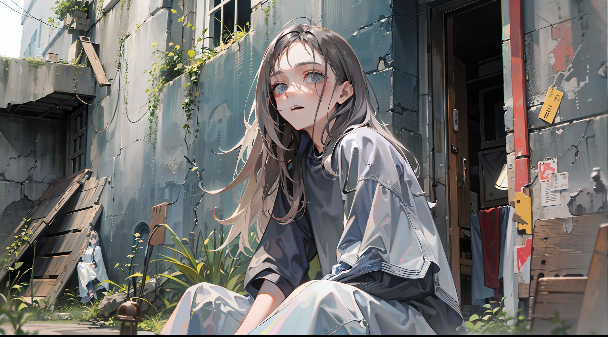 Woman sitting on chair in black top and jeans, Baggy pants, dressed with long fluent clothes, wearing a long flowy fabric, casual clothing style、 wearing a baggy, multilayered outfit, Silver and muted colors, Relaxed style, grey Clothes, Pants, baggy, Gray skin. grunge, Styling、Ruins、Buildings eroded by vegetation